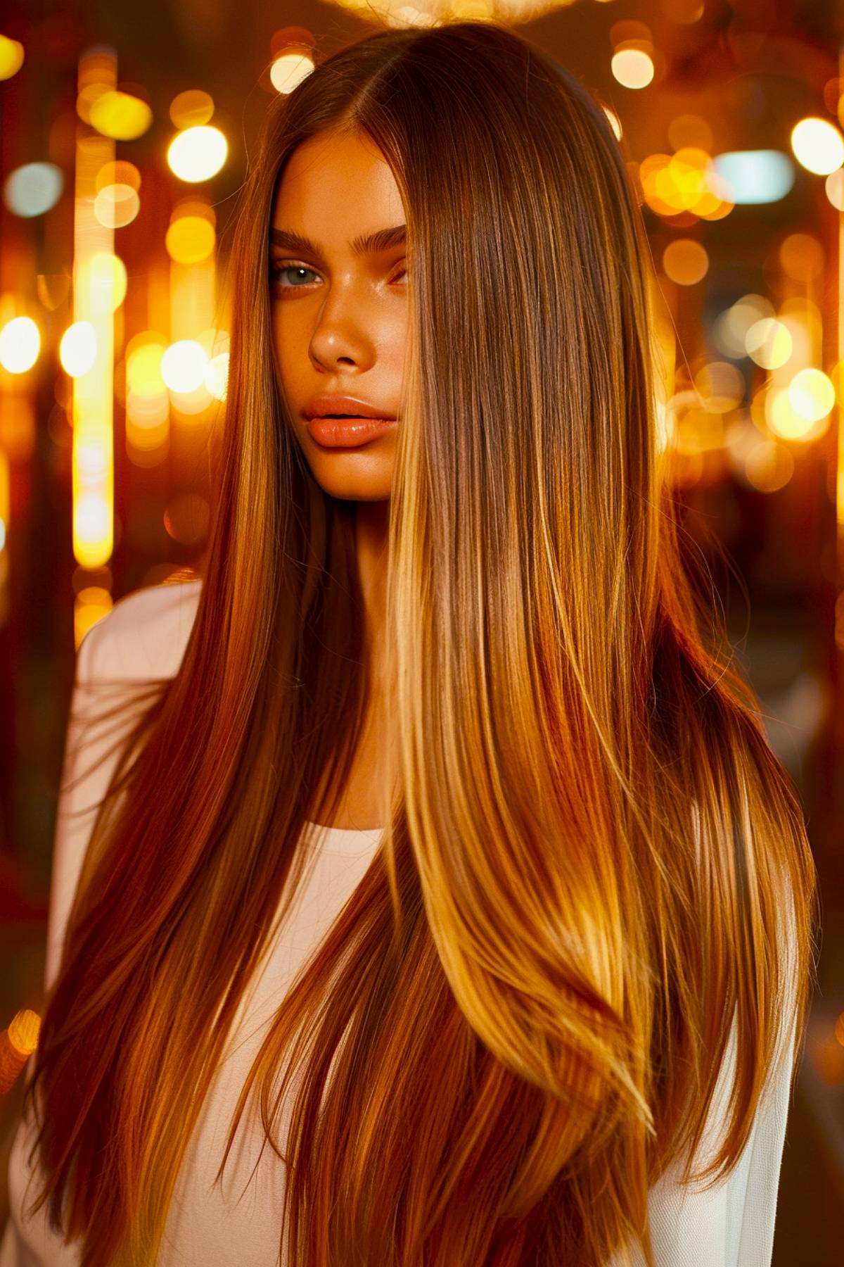 Polished, straight layers with subtle ombré highlights for long hair 