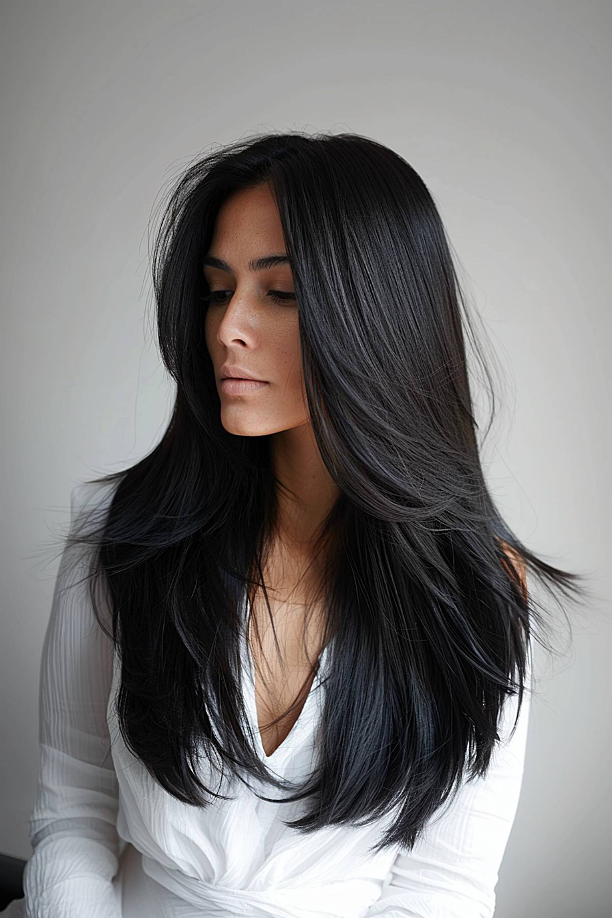 Smooth long haircut with layers and a center part