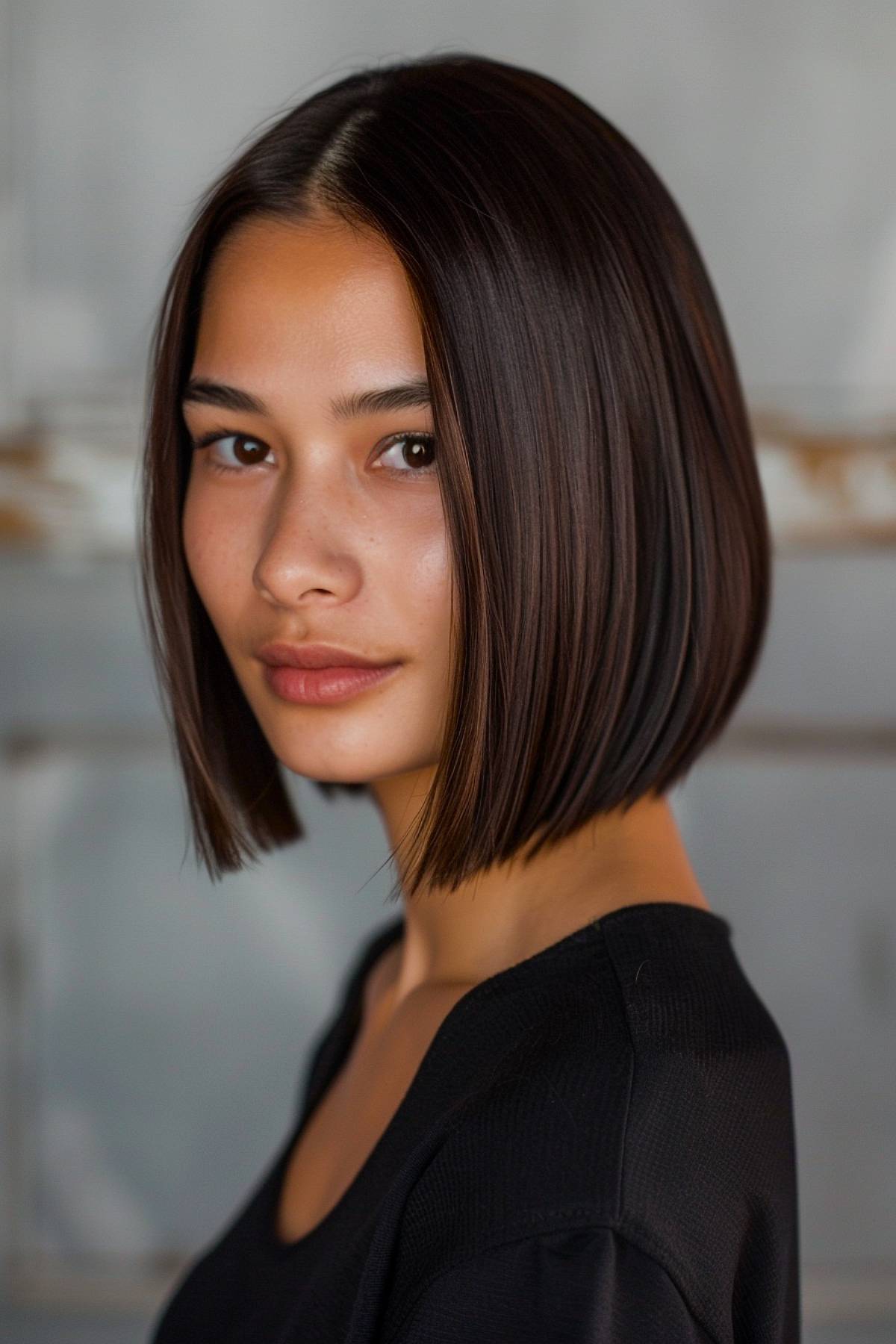 Sleek neck-length blunt bob hairstyle