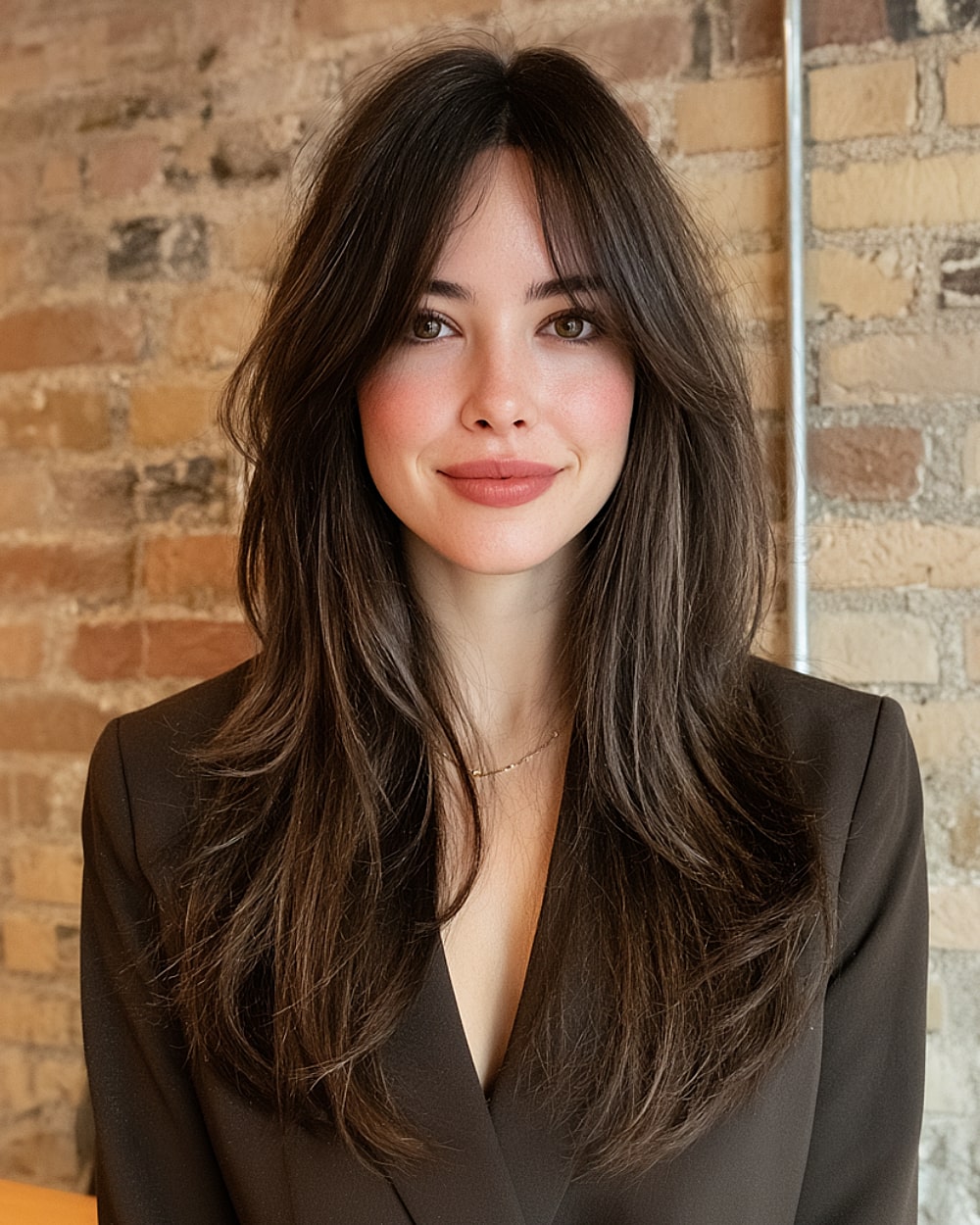Long espresso brown haircut with face-framing layers and curtain bangs on straight hair