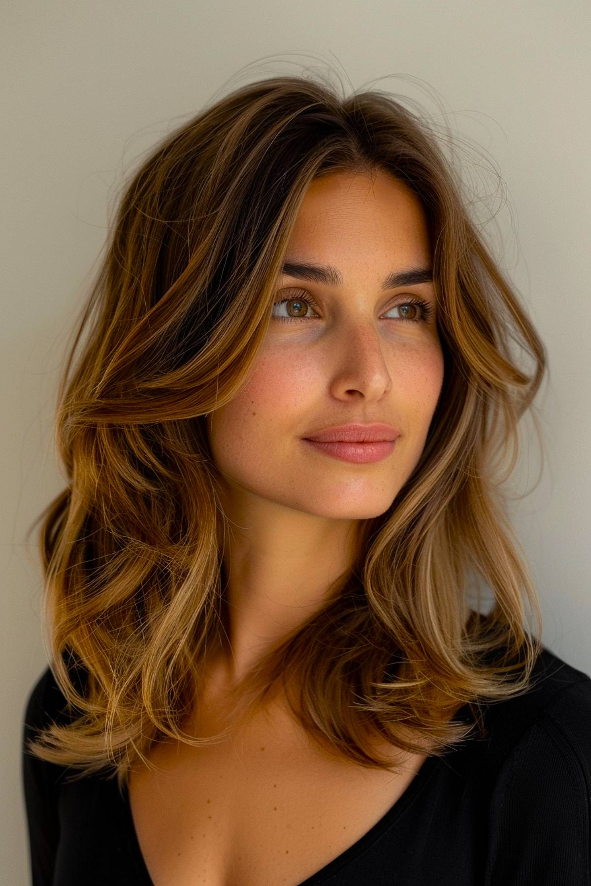 Medium-length haircut with cascading layers and honey-toned ombré