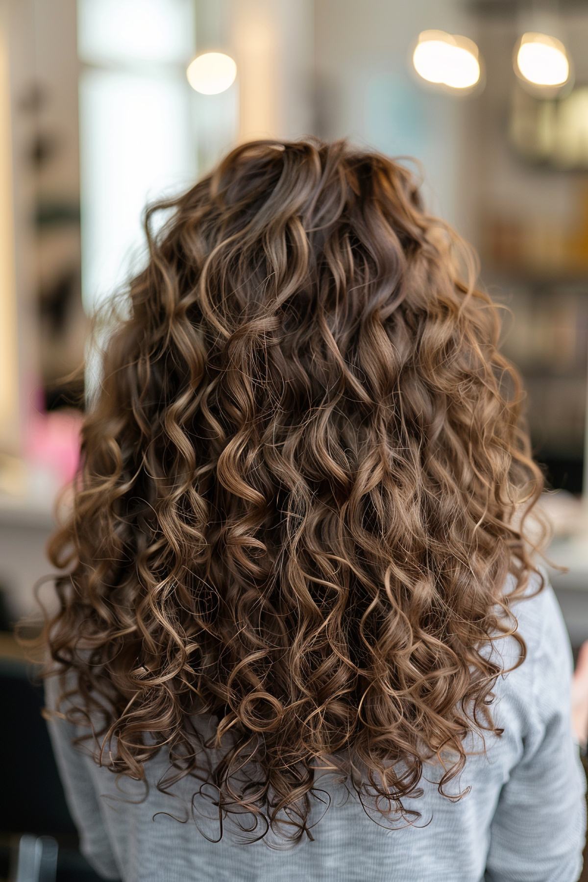 Woman with luxurious deep-wave curly medium brown hair