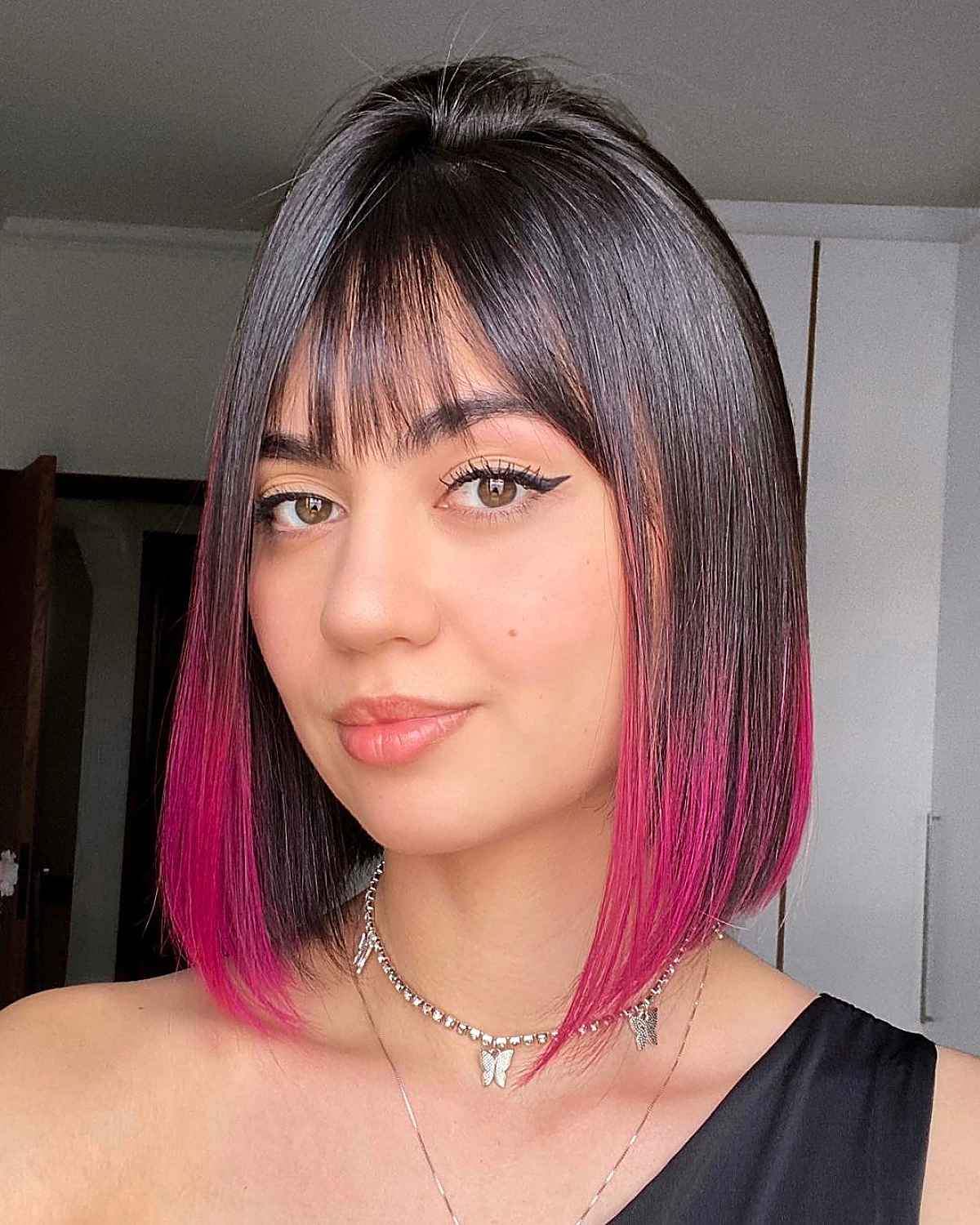 Magenta Ombre for a Straight Lob with Bangs