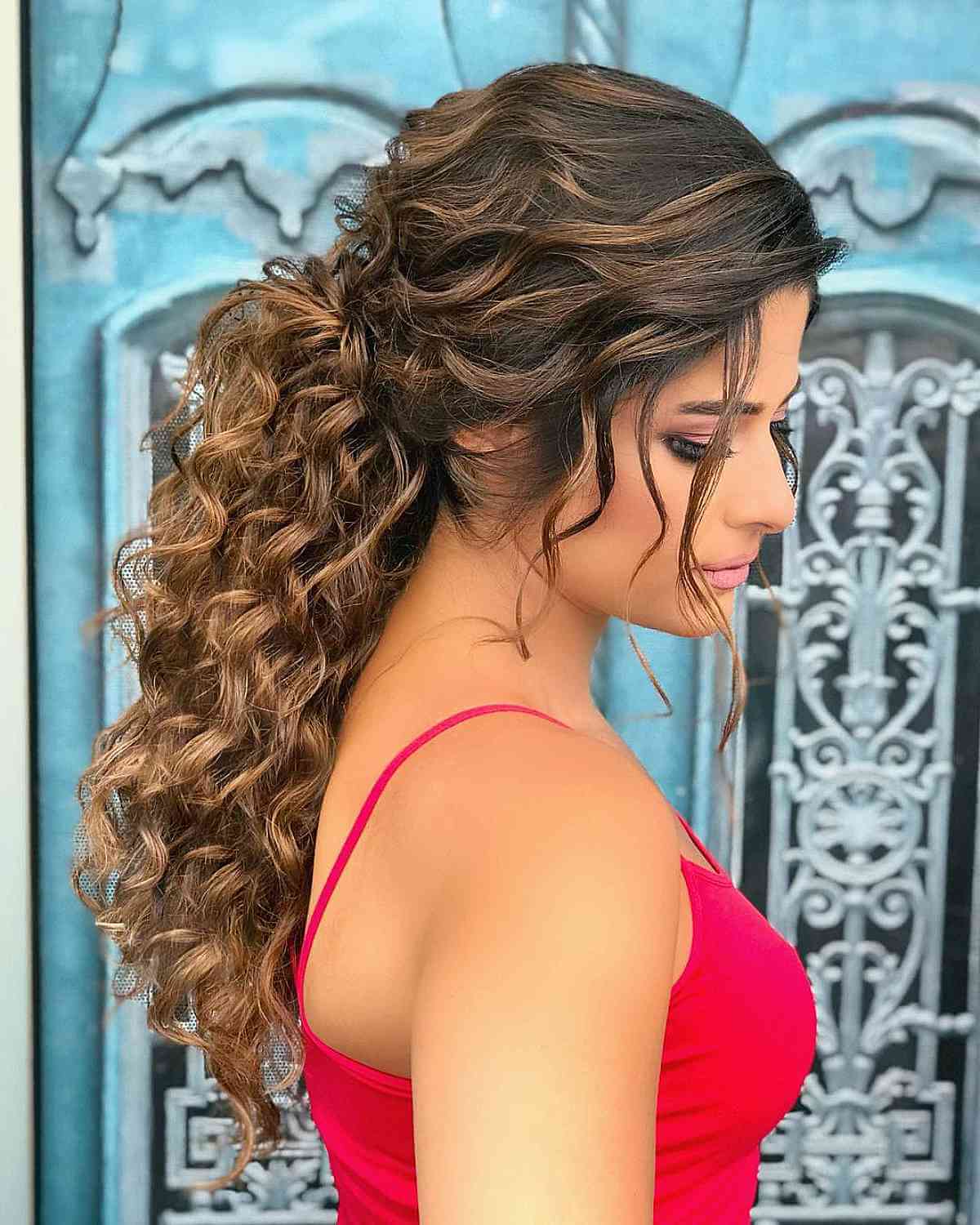 magnificent curled half updo for espresso brown hair party hairstyle