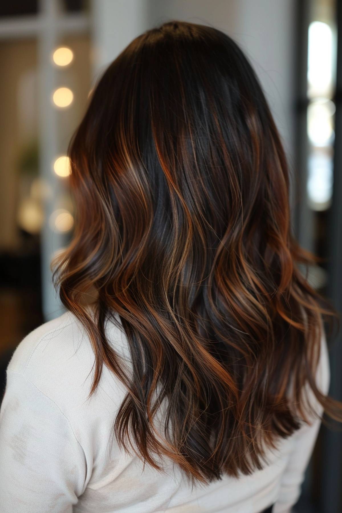 Deep brown hair with warm maple and honey-toned highlights, giving an autumn-inspired radiance