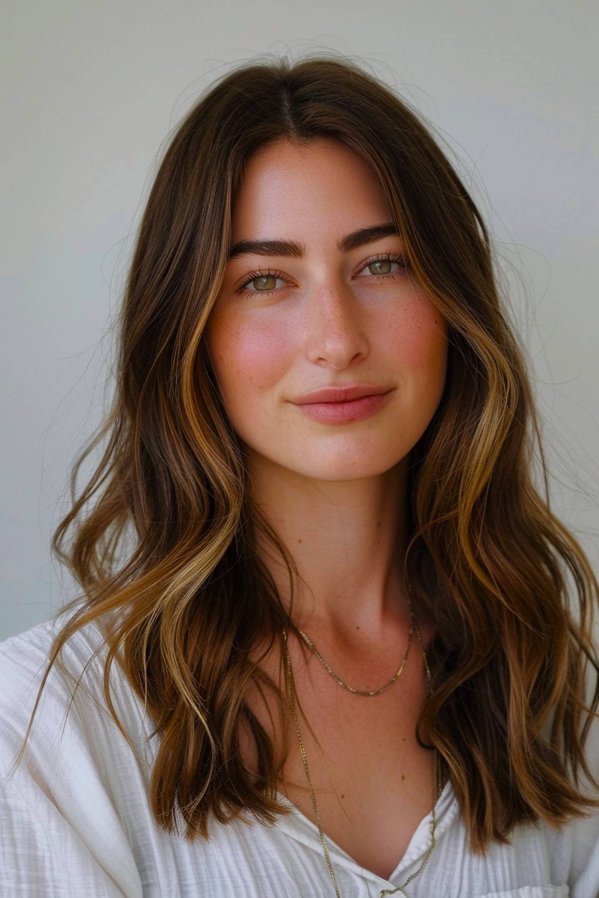 Maple-toned brown hair with sun-kissed highlights