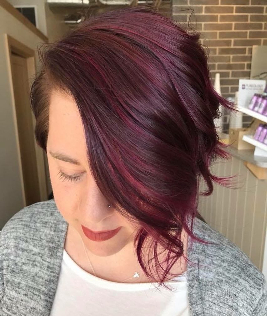 Jaw-Length Maroon Hair with Subtle Red Balayage Highlights