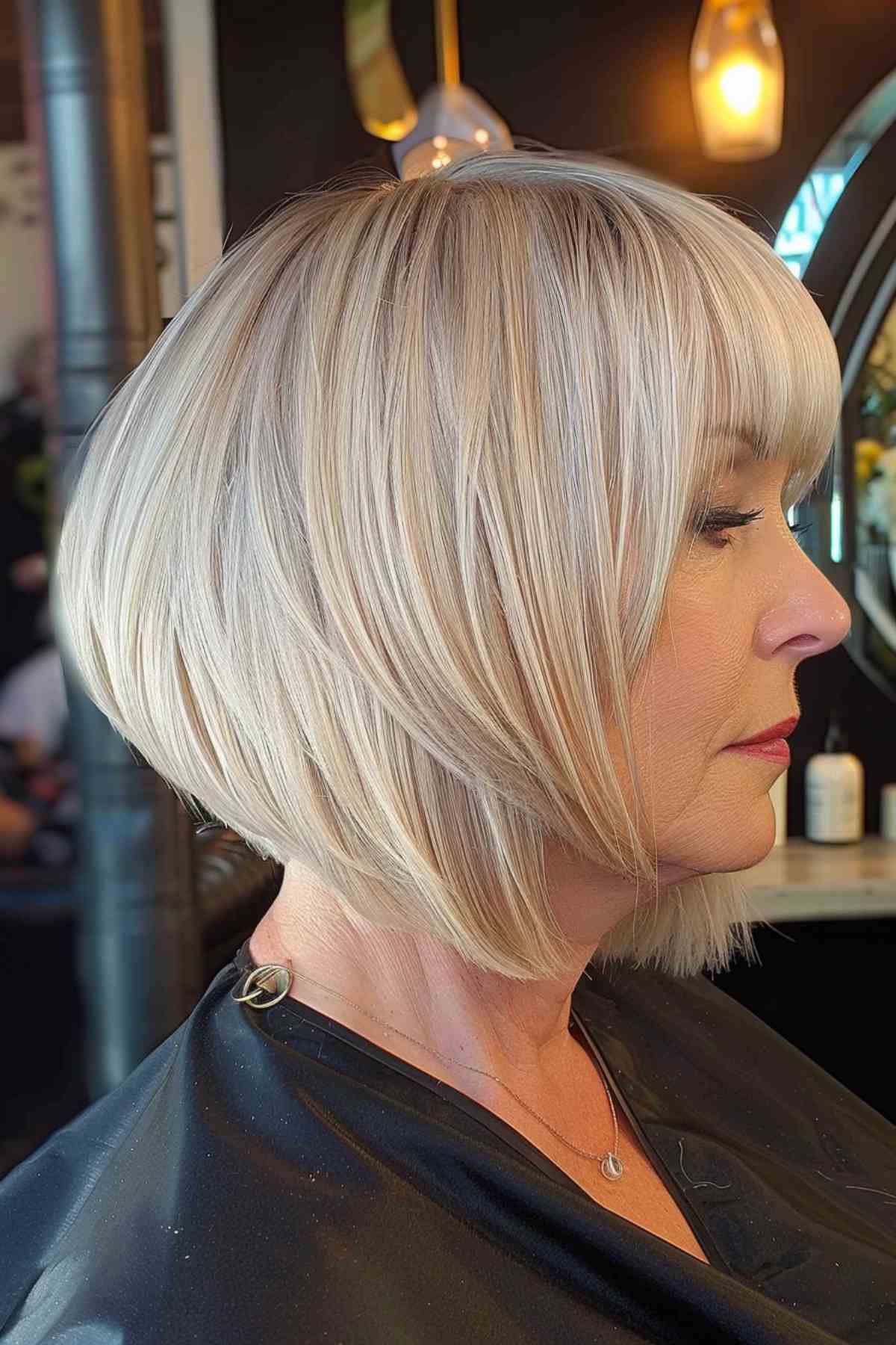 Mature blonde swing bob with straight bangs for fine to medium hair