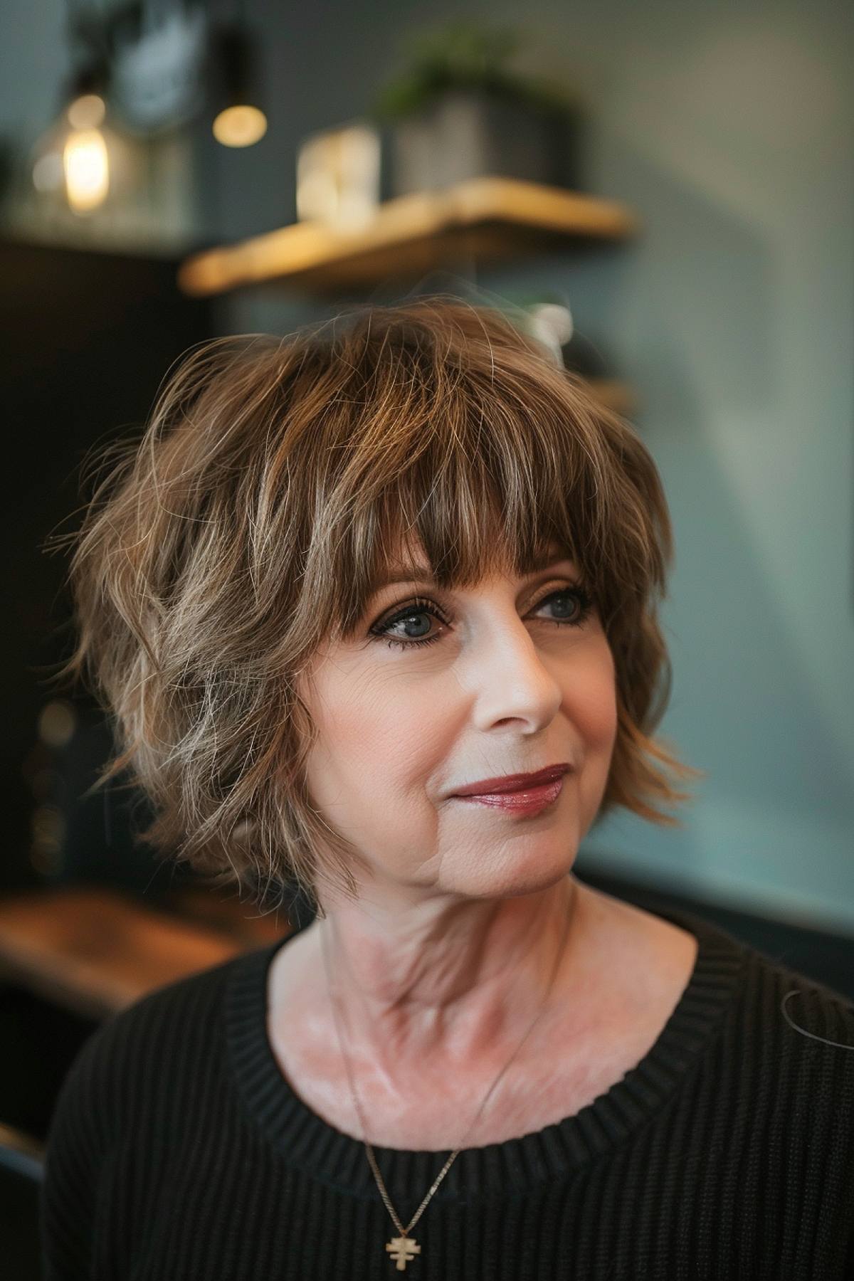 Mature woman with layered fluffy shag haircut and chestnut highlights