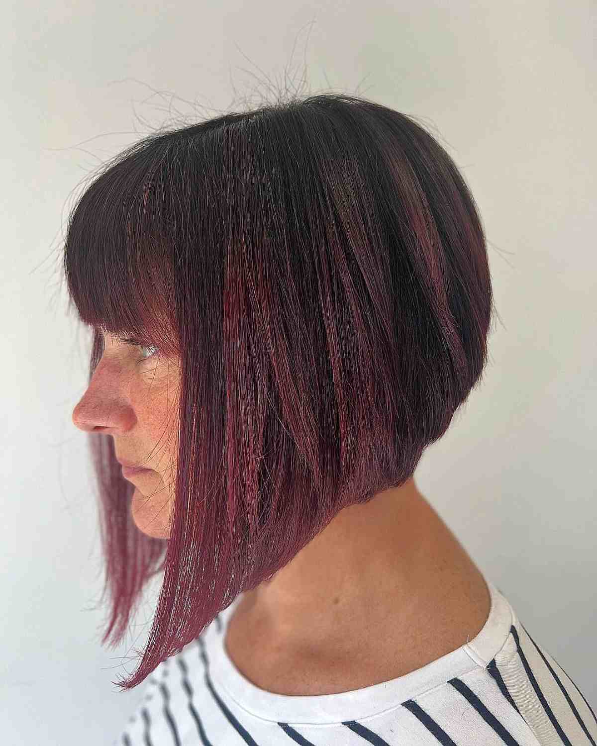 Mature Woman with A-Line Bob and Burgundy Ombre