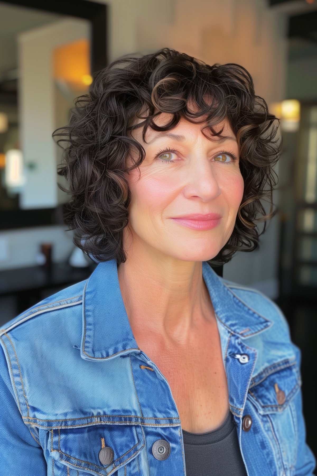 Mature woman with a medium-length curly bob hairstyle smiling in a casual setting