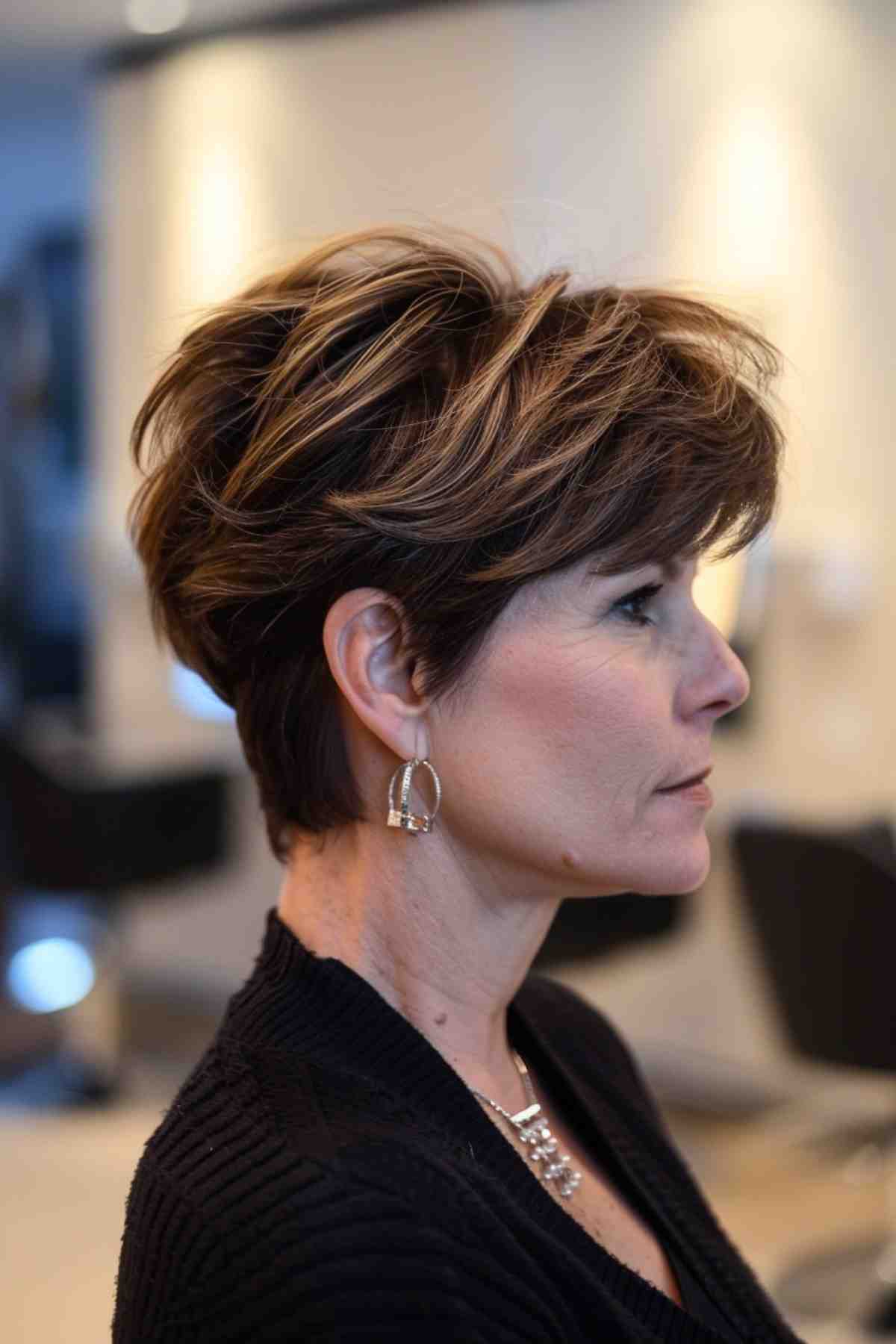 Short Textured Layered Hairstyle with Brown Partial Balayage for Mature Woman