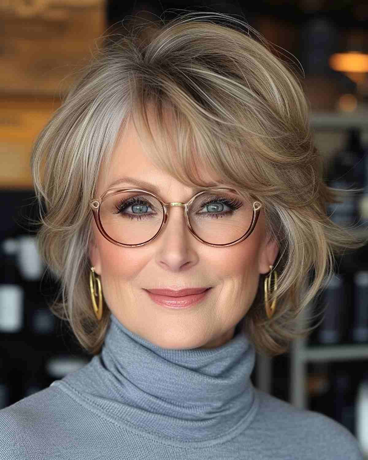 Mature woman with stylish chin-length silver shag haircut and glasses