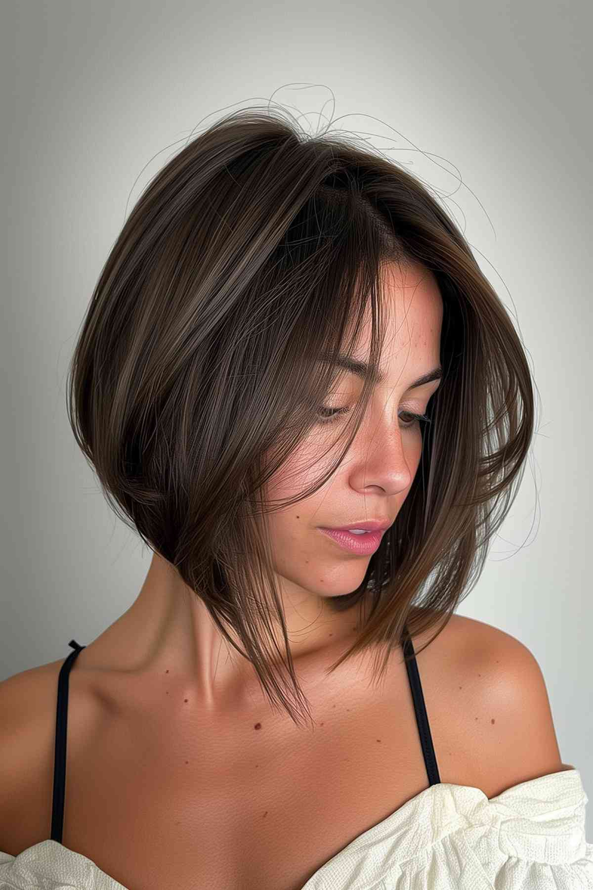 Medium A-line bob haircut with soft highlighting for oval face shapes