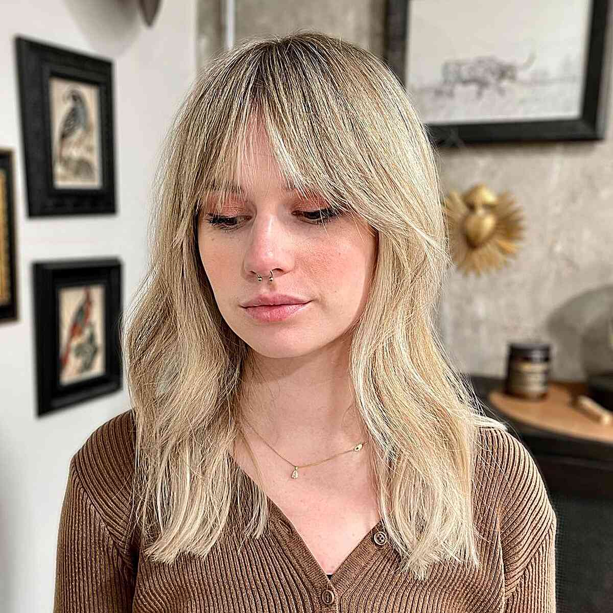 Medium Blonde Hair with Curtain waterfall Bangs