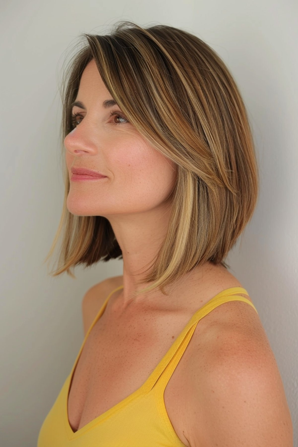 Medium bob with face-framing layers and side-swept bangs on fine to medium hair density