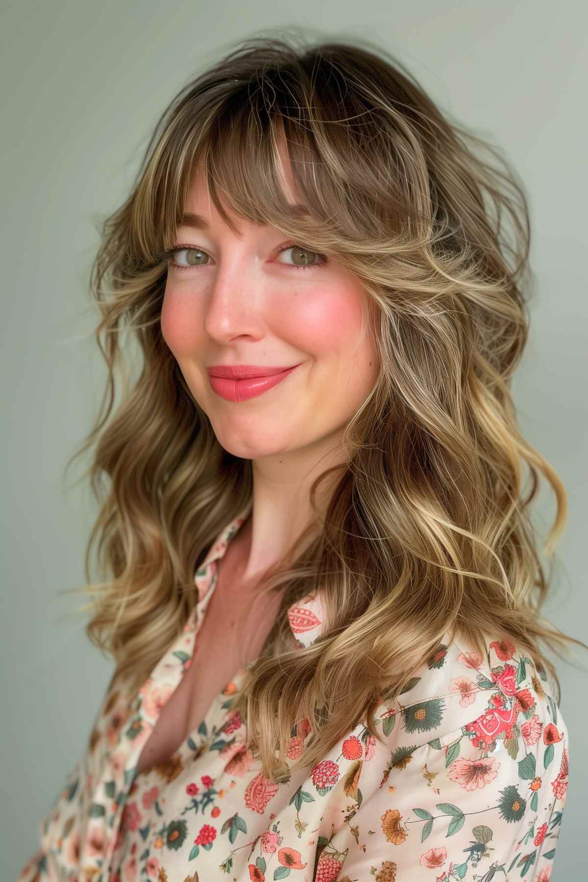 Medium-length choppy shag hairstyle with bangs and soft curls