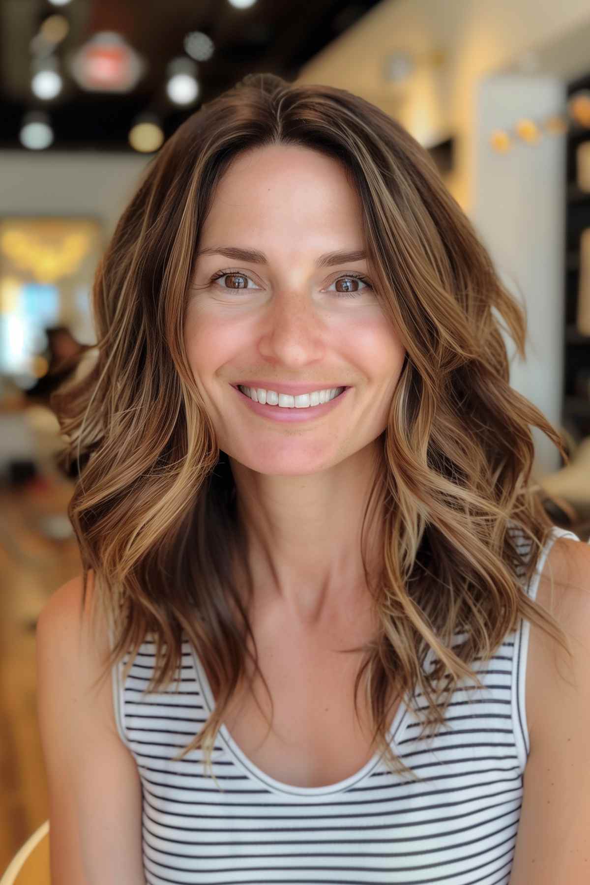 Medium-length choppy shag hairstyle with highlights and loose waves