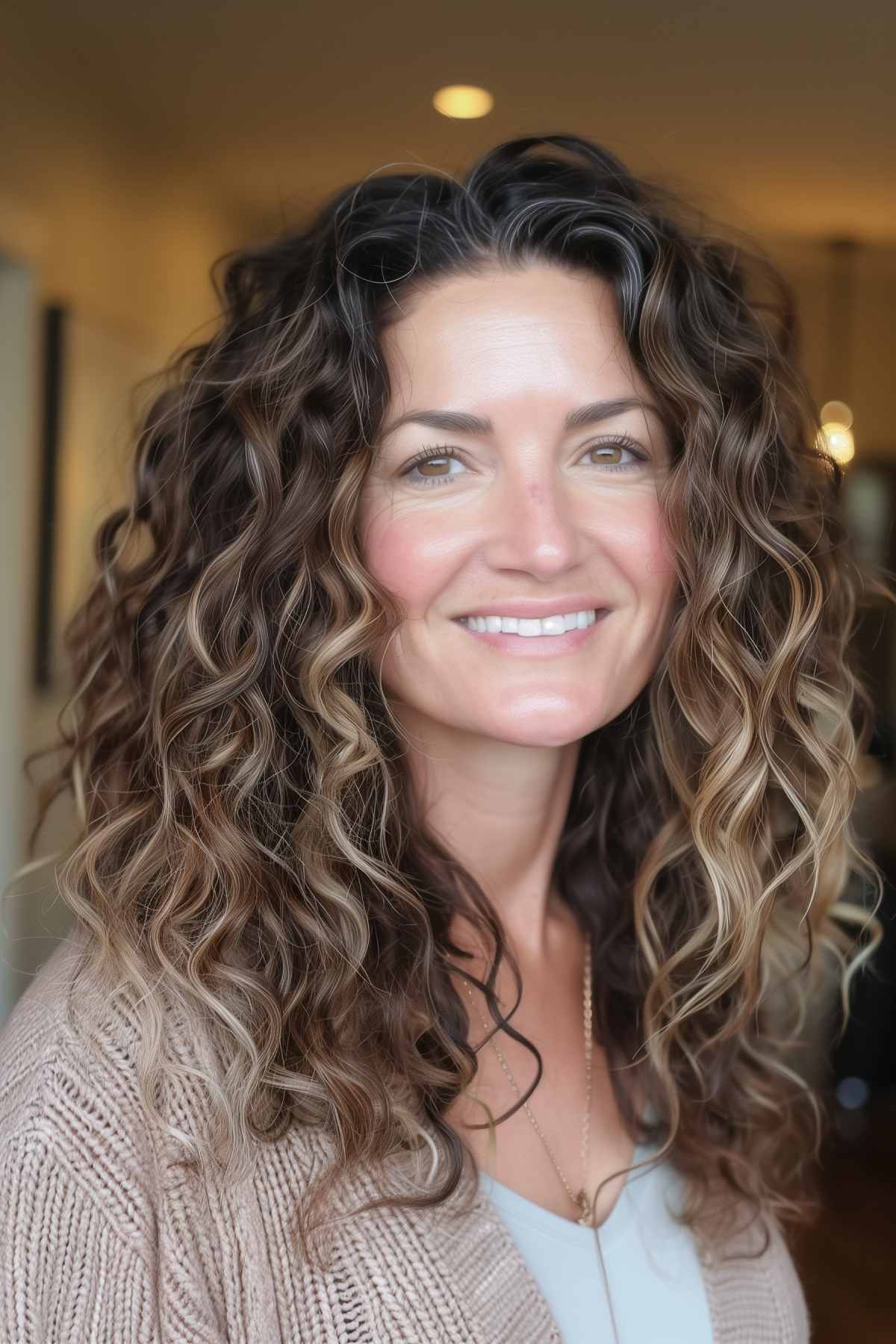 Medium-length curly choppy shag hairstyle with natural highlights and lowlights