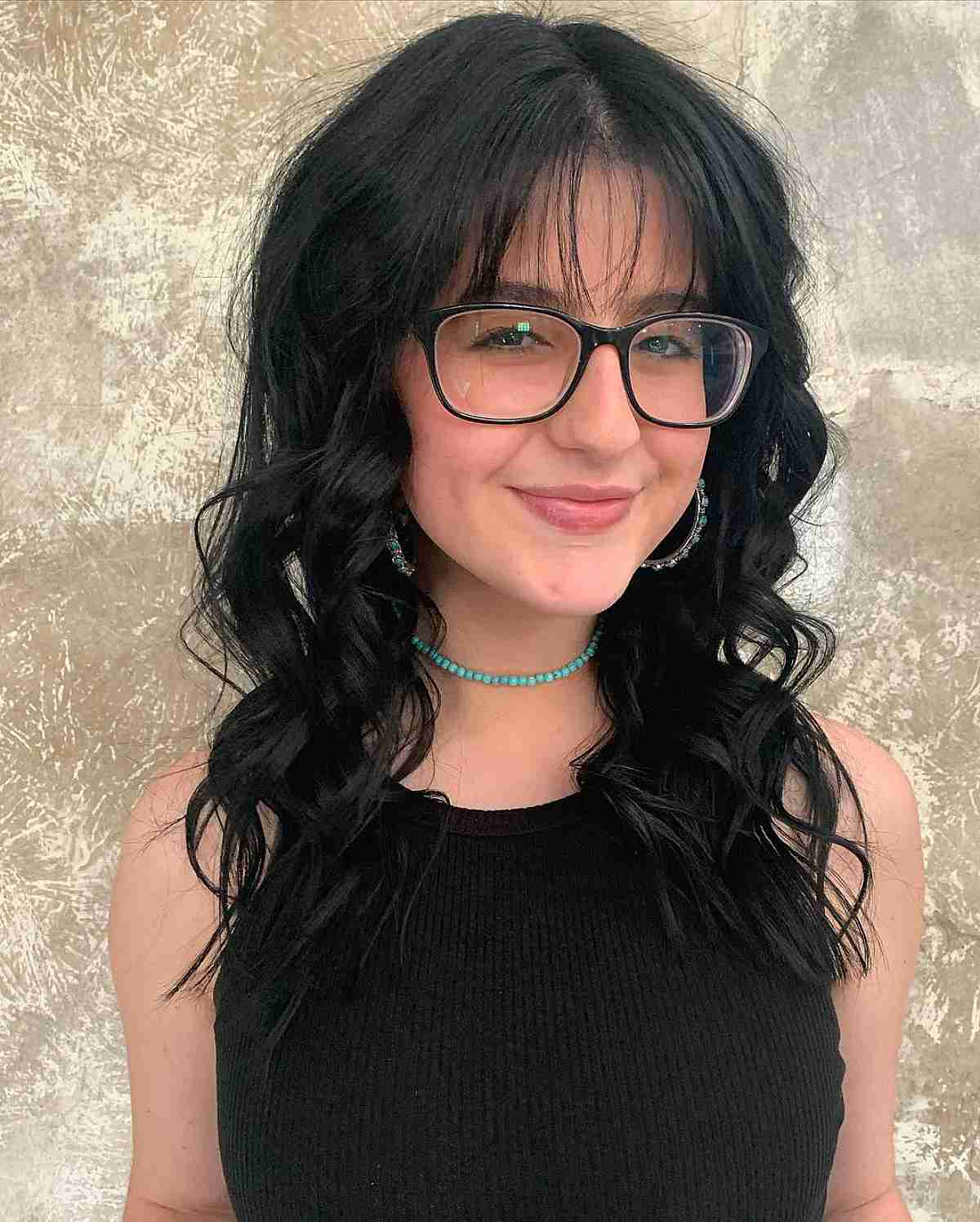 Medium Curly Hairstyle with Light See-Through Bangs