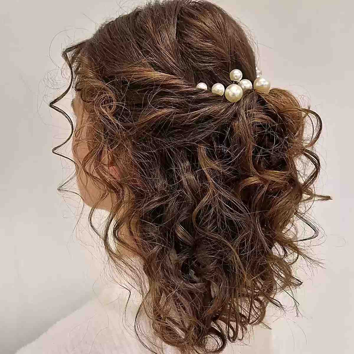 Medium Curly Prom Style with Pearl Accessories