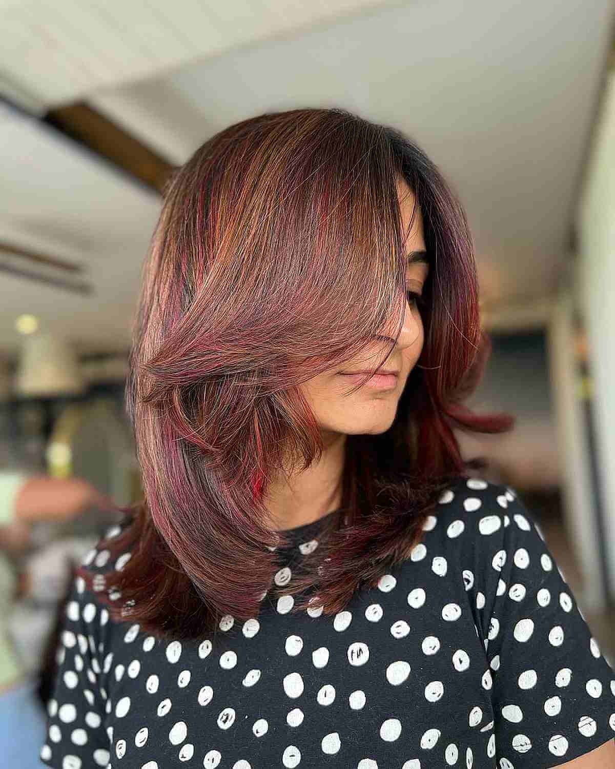 Medium Dimensional Layered Red Hair with Highlights