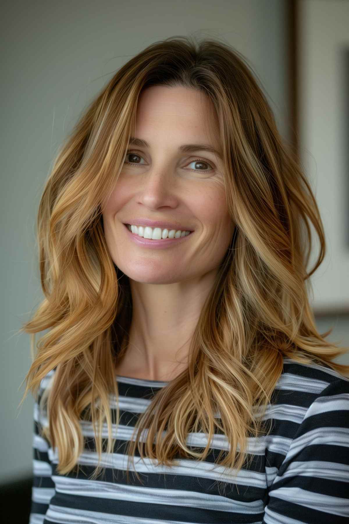 Medium-length fine hair choppy shag with layered waves and sun-kissed highlights