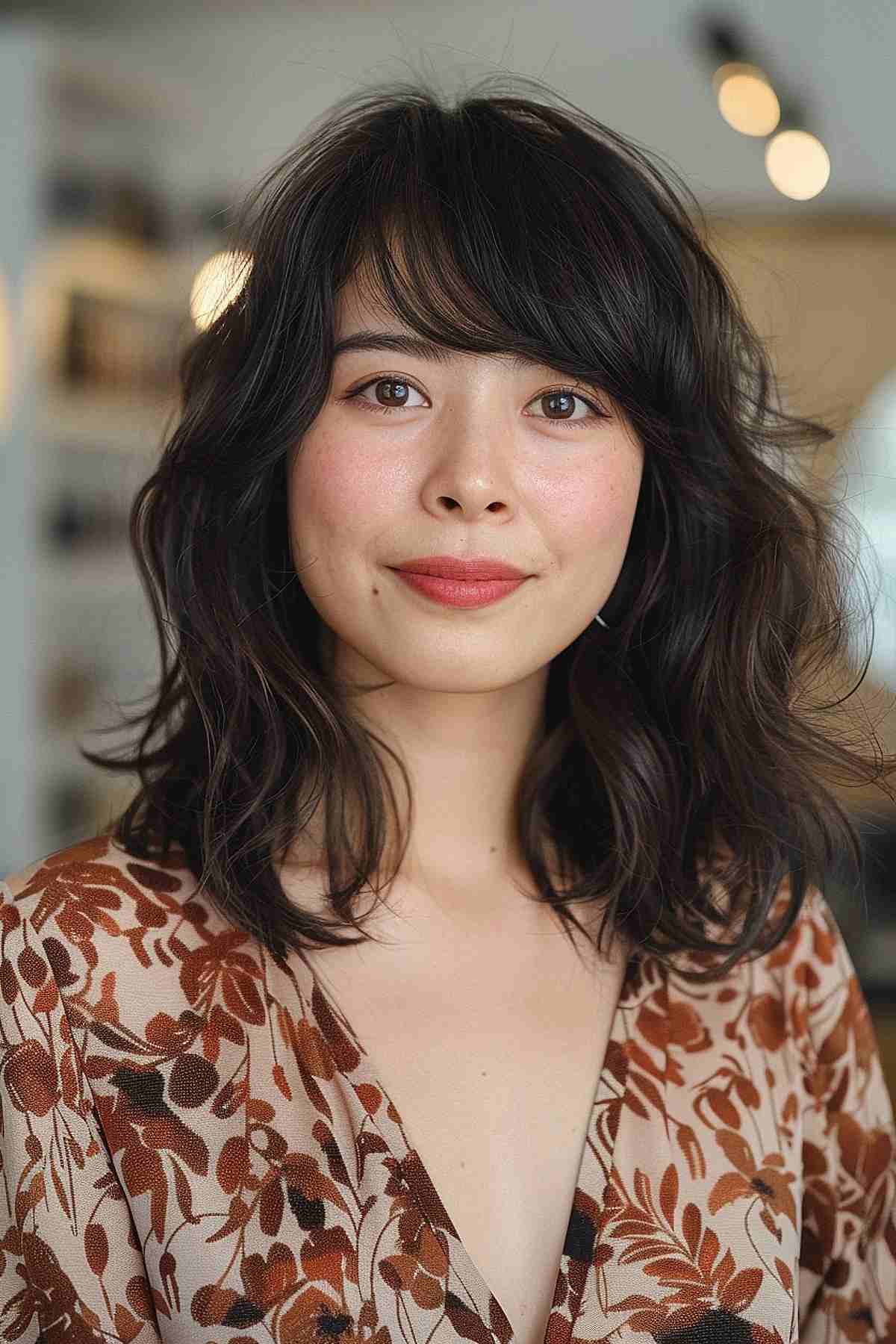 Medium fox haircut with wavy layers and swoop bangs for fine hair