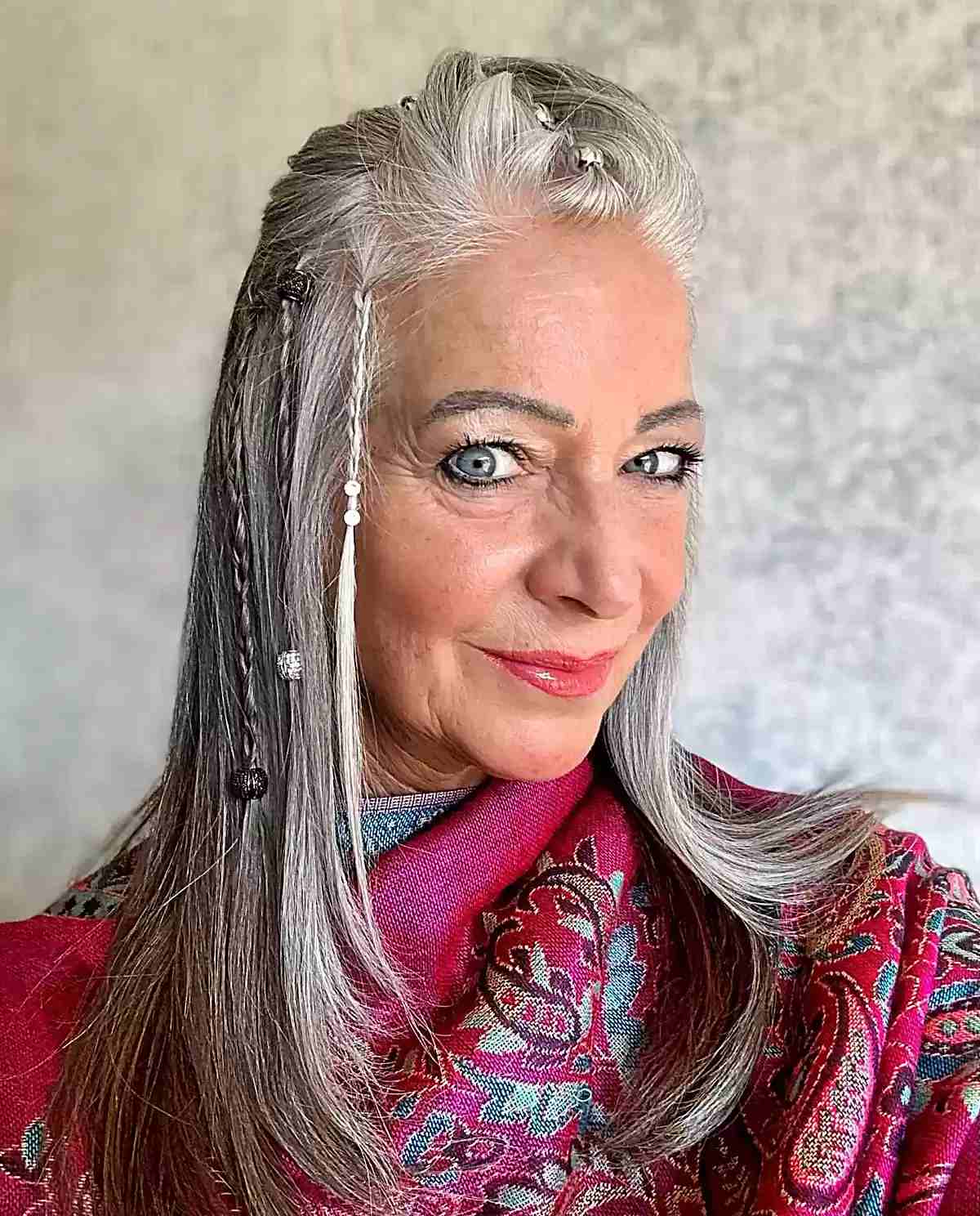 Medium Gray Hair with Festival Mini Braids for Older Women