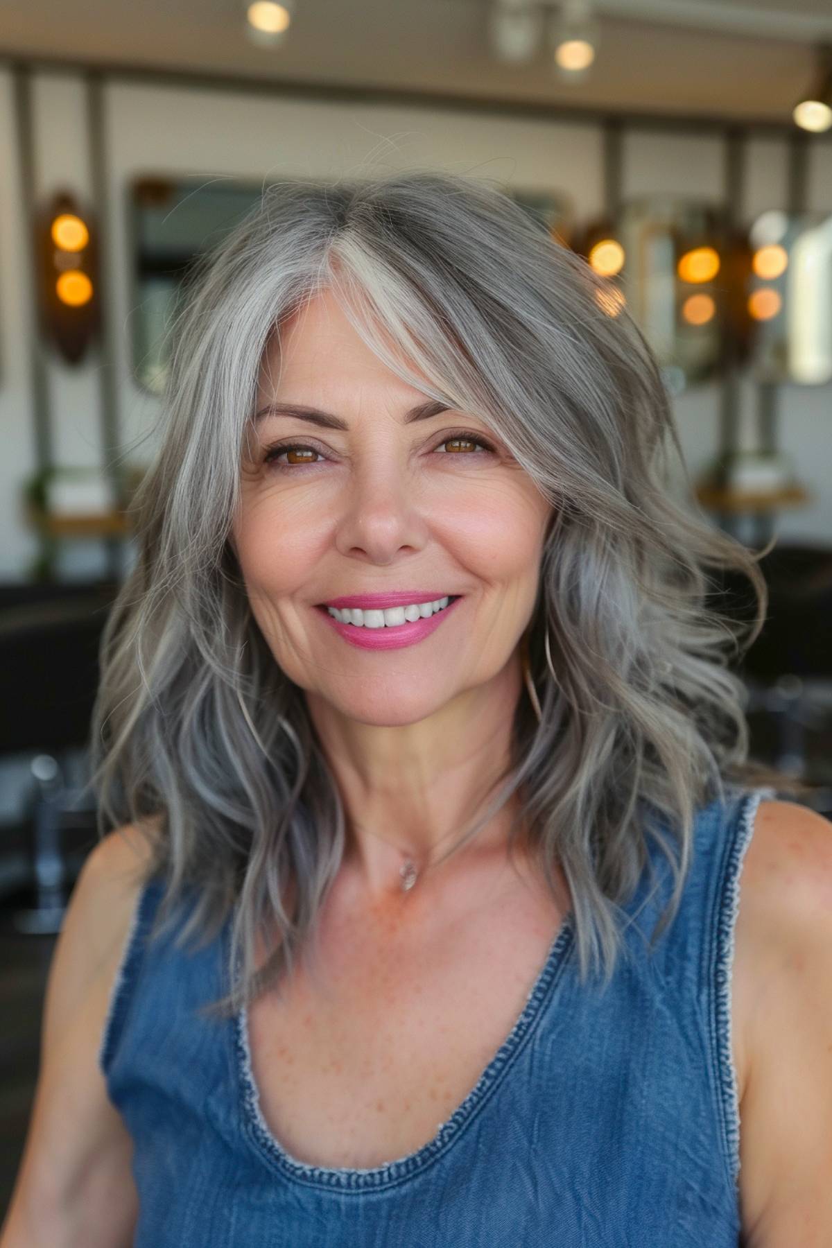 Medium gray shag haircut for women over 50