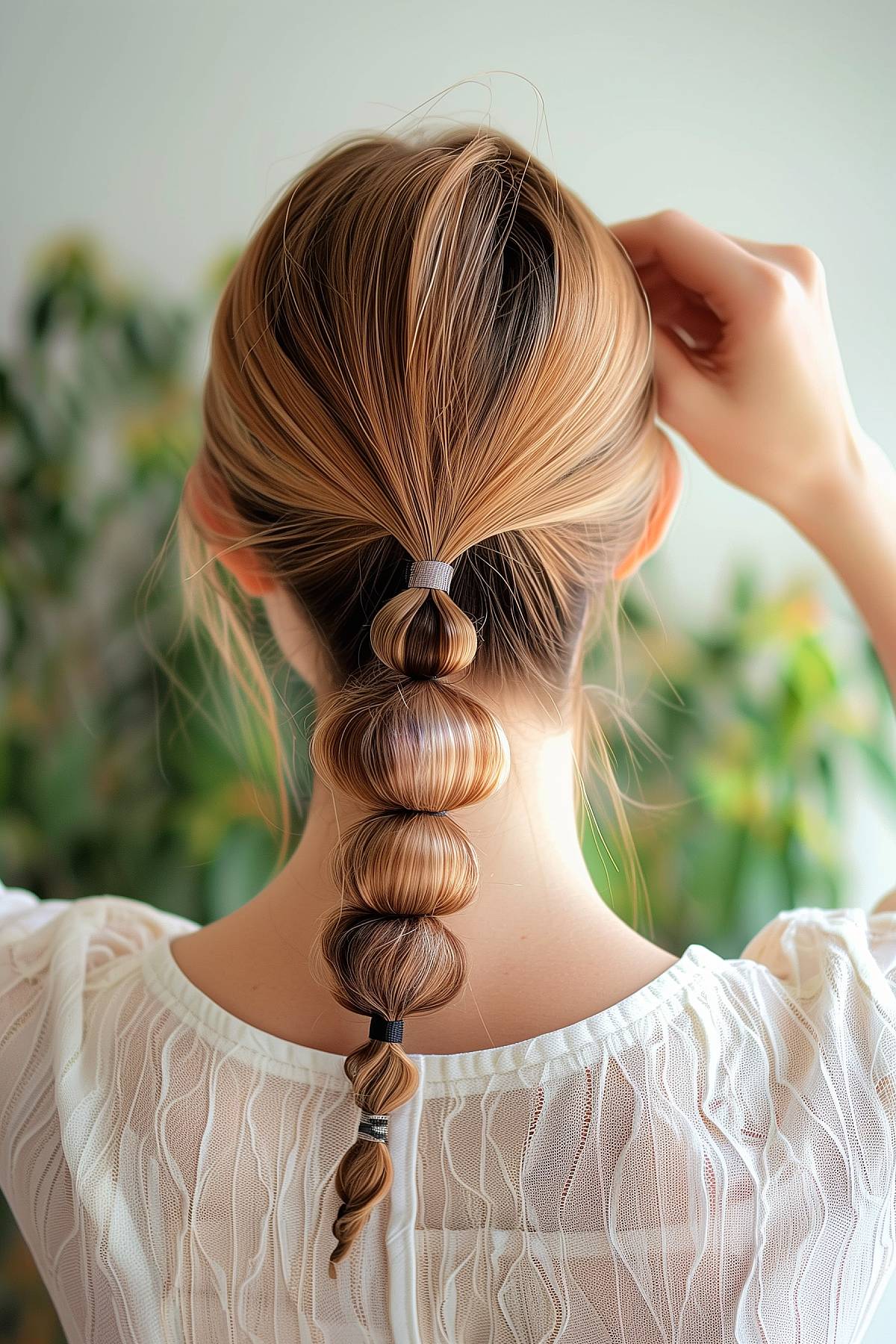 Medium-length hair styled into a bubble braid, offering a chic and simple alternative to a traditional ponytail.