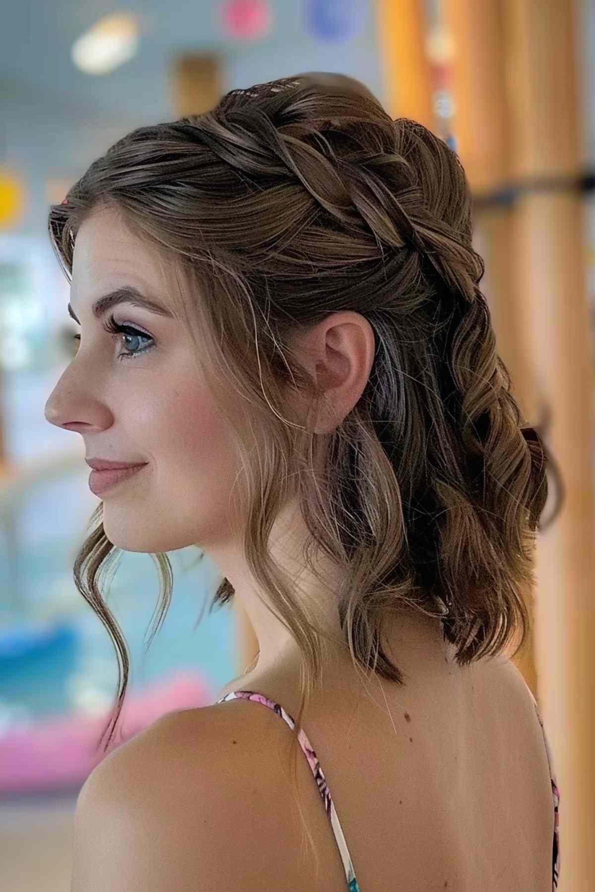 Side view of a woman with a medium hair half-updo, featuring front braids pinned back, perfect for keeping hair out of the face at the waterpark