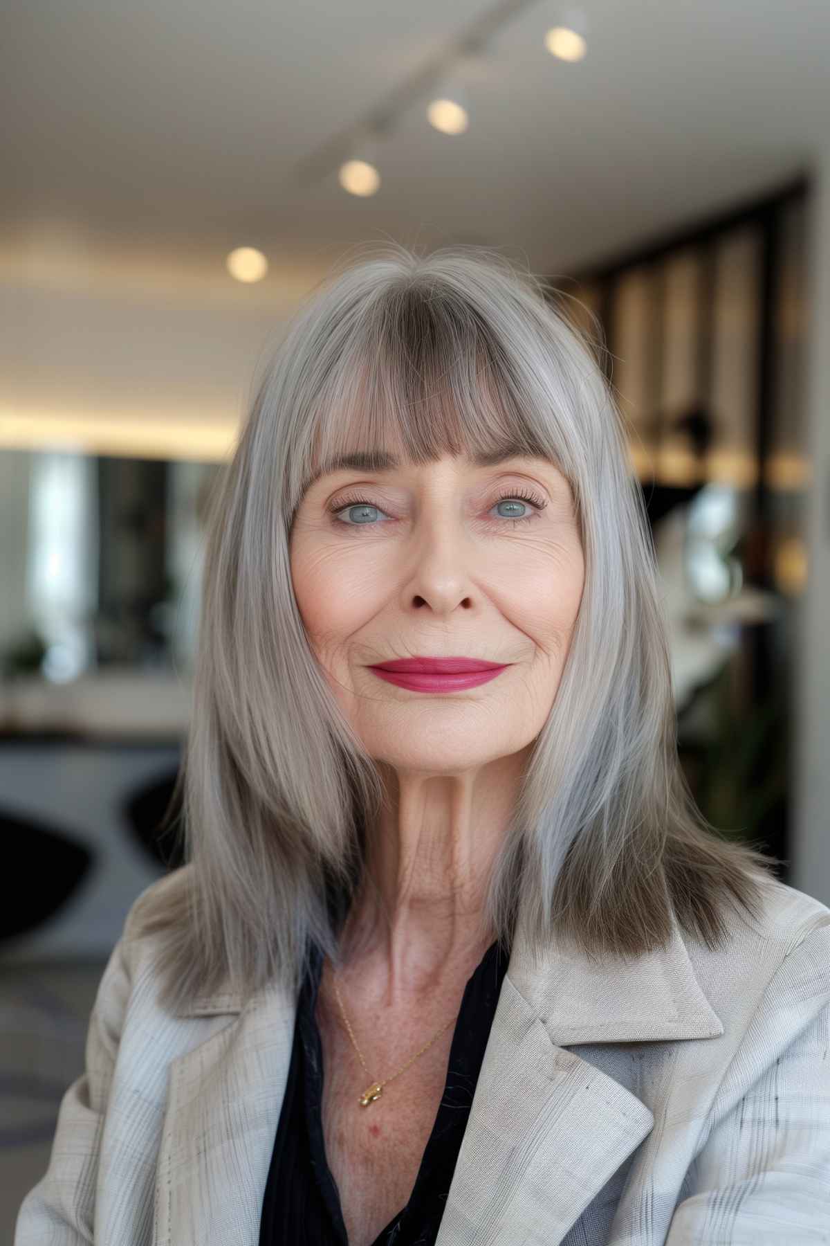 Older woman with medium-length hair and blunt bangs