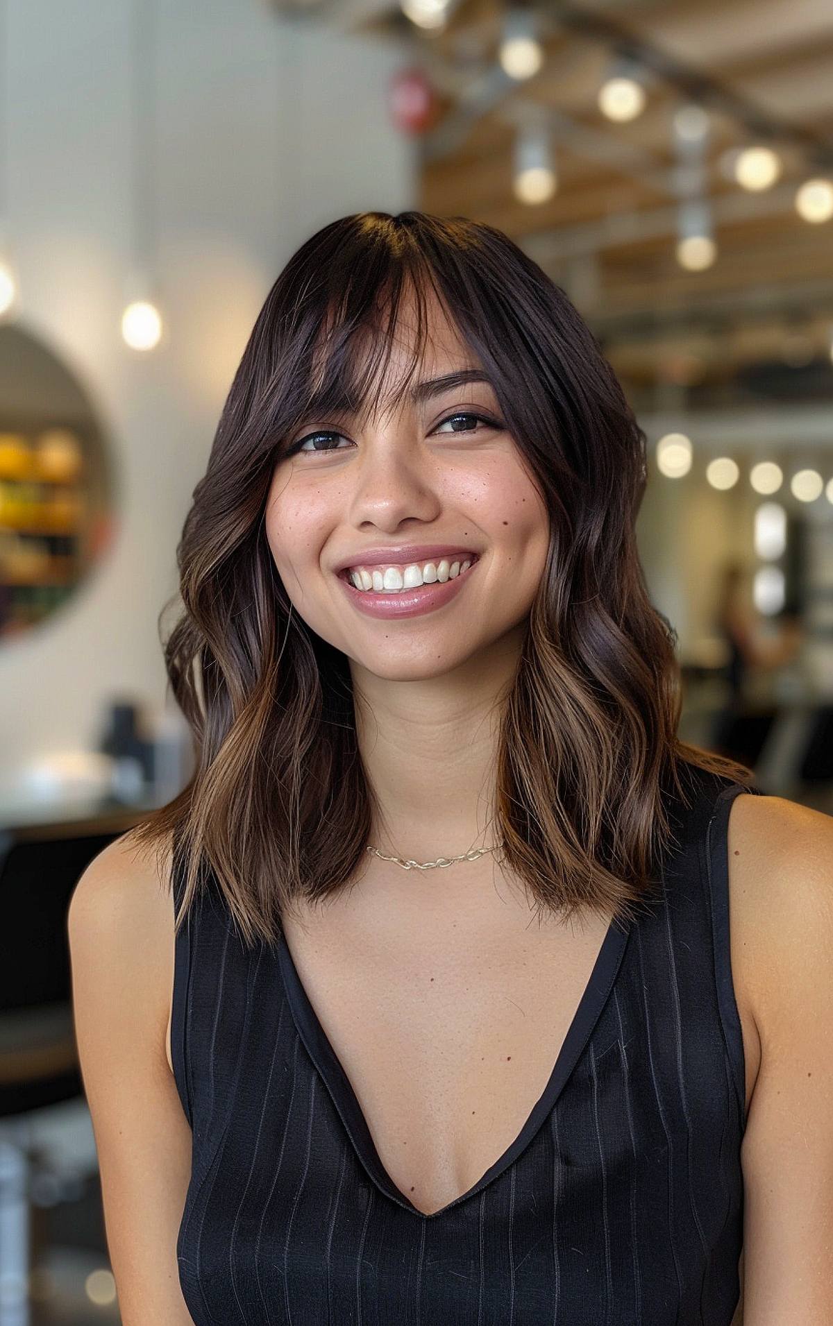 Shoulder-length layered haircut with fringe and soft waves for medium-density hair