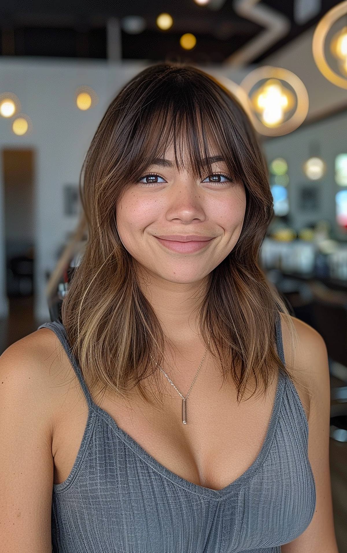 Medium haircut with wispy bangs for women seeking stylish bangs