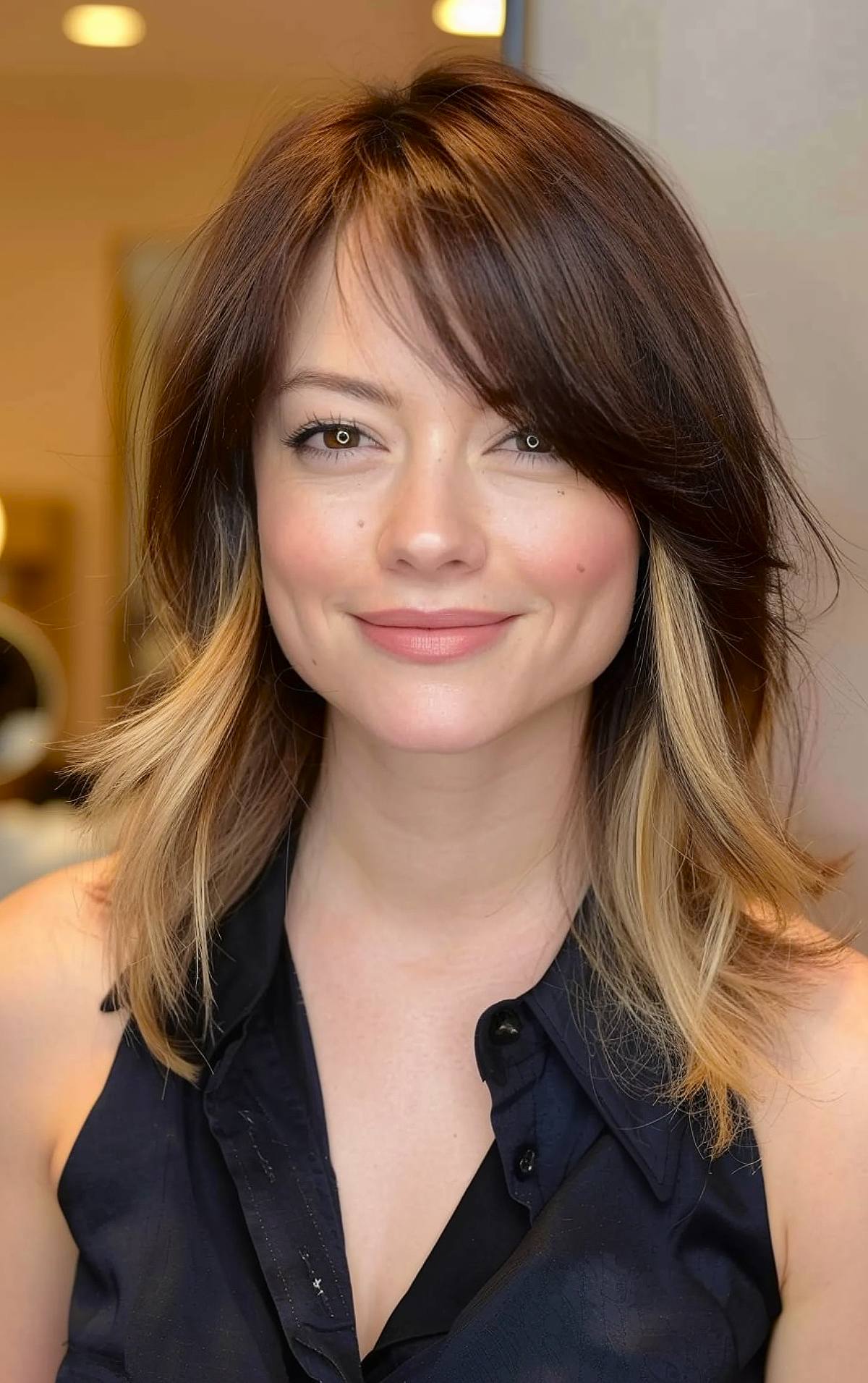 Medium haircut with side bangs for women seeking trendy shoulder length cuts