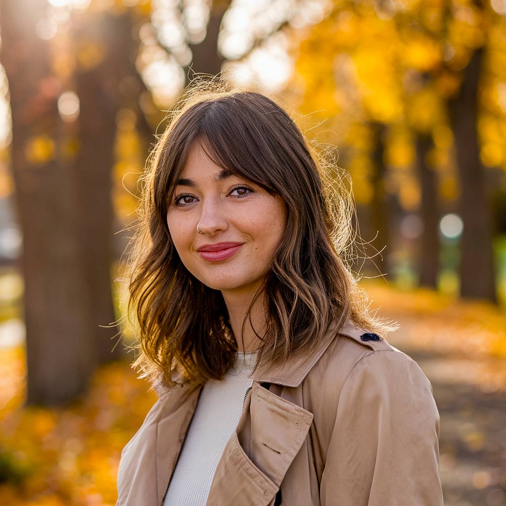 Shoulder-length wavy hair with curtain bangs, styled with soft layers for a natural, effortless look