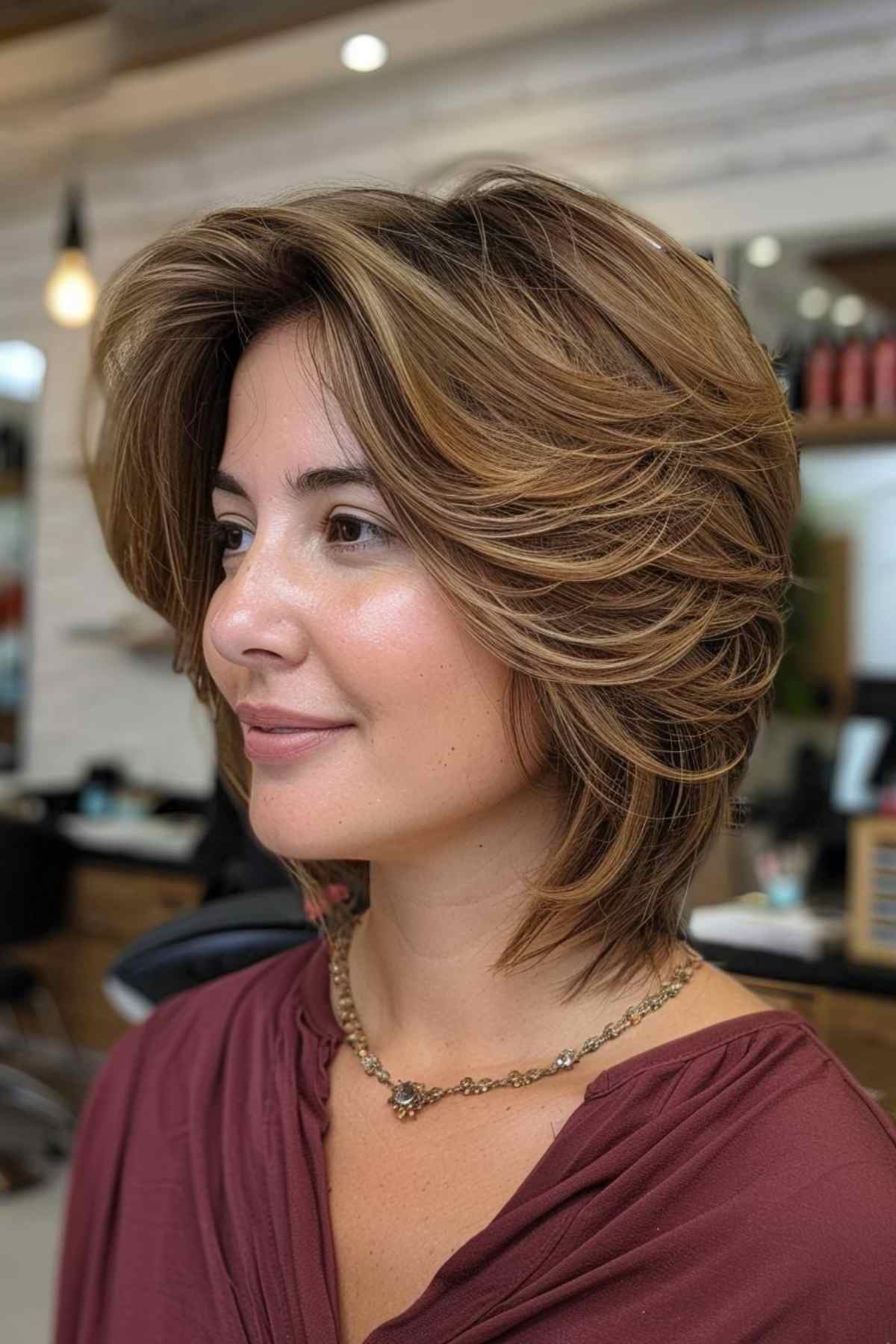 Textured medium bob with caramel highlights and soft waves suitable for round faces