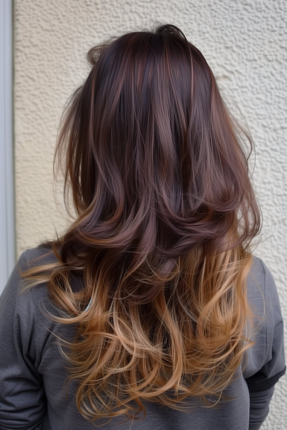 Warm-toned reverse ombre from burgundy to caramel on medium-length hair