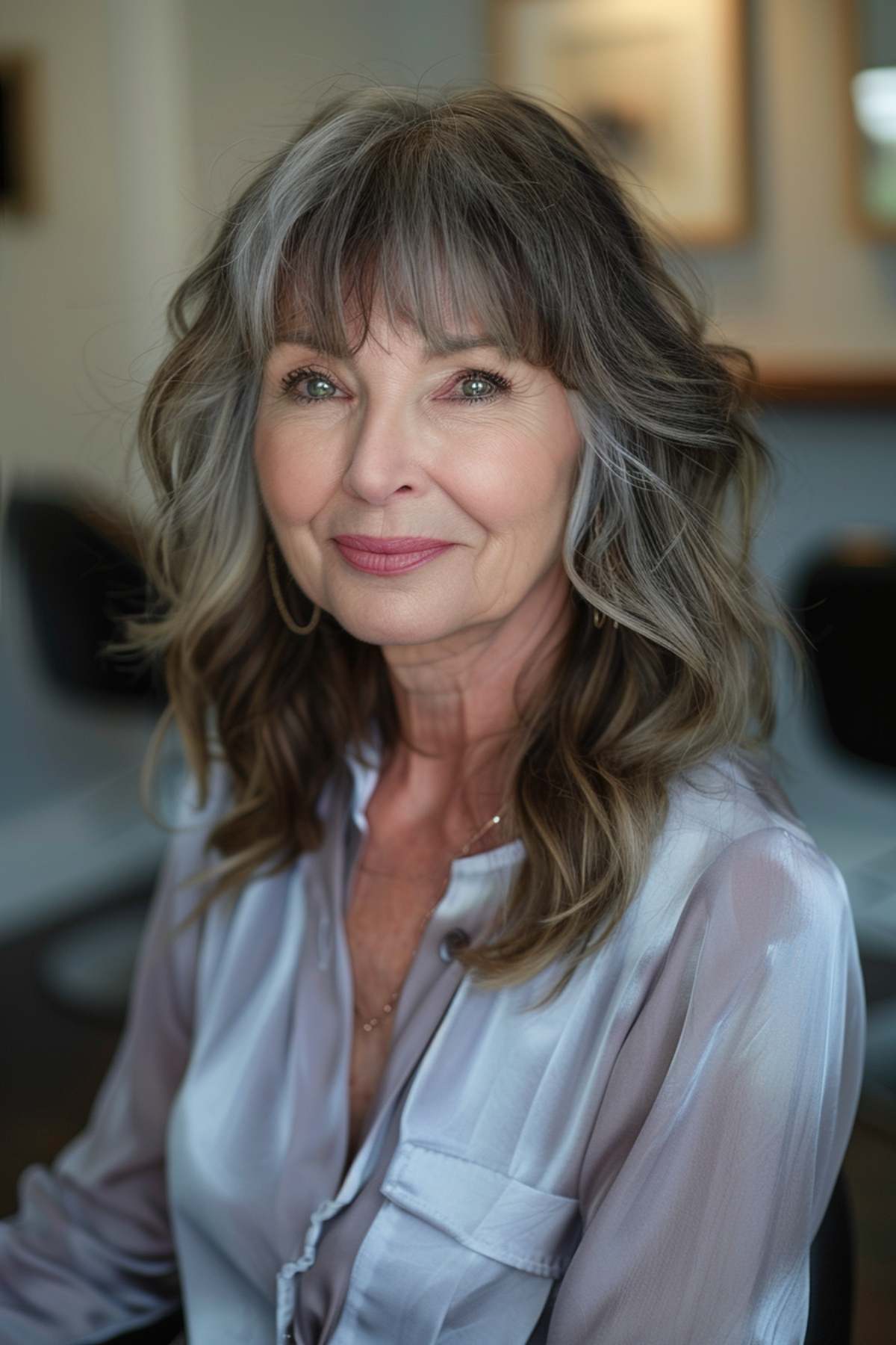 Woman with medium layered cut and bangs, featuring natural gray highlights and shoulder-length layers