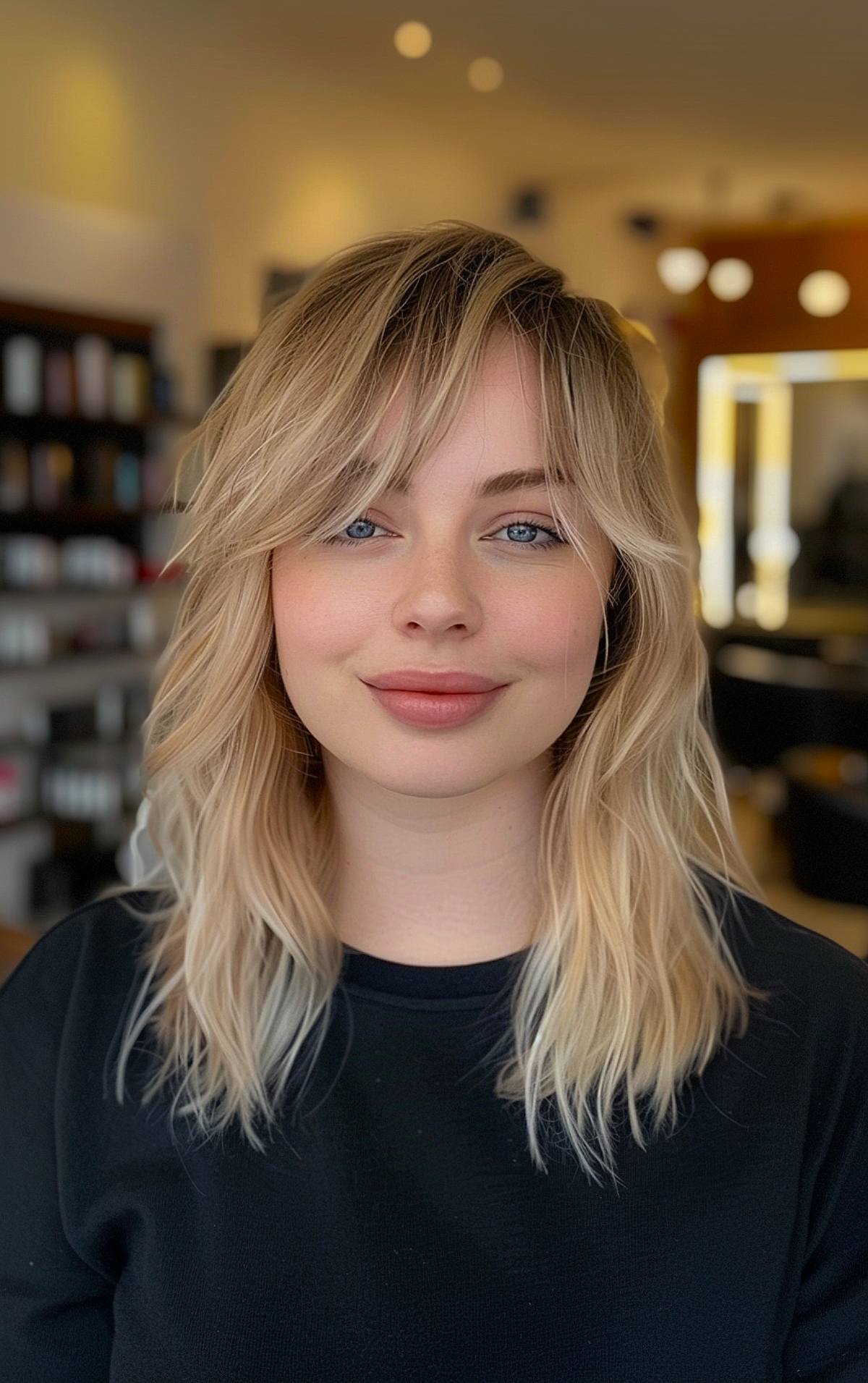 Medium layered hair side part with choppy bangs and blonde color