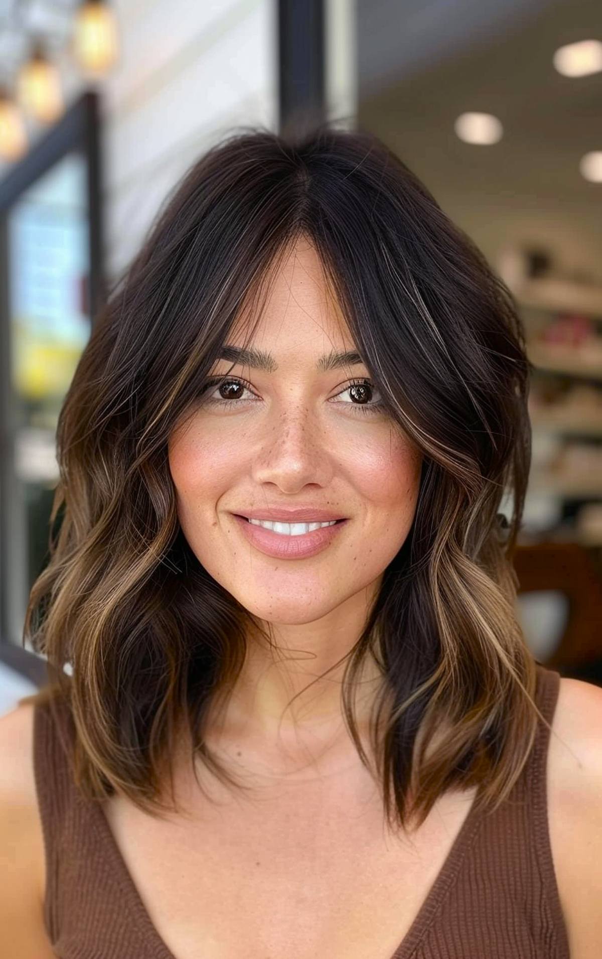 Medium layered haircut with curtain bangs for women with medium hair