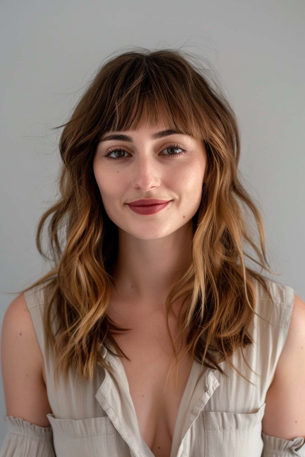 Medium layered haircut with front bangs, adding volume and shape to medium to thick hair