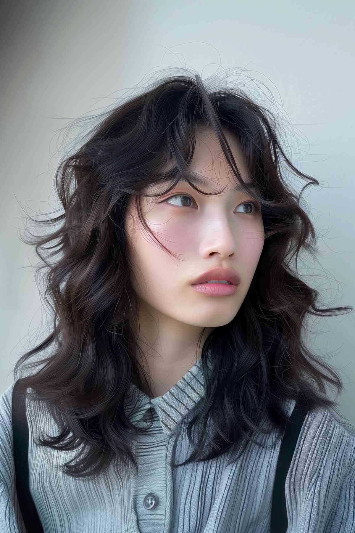 Young Woman with Medium-Length Layered Wavy Shag with Subtle Highlights