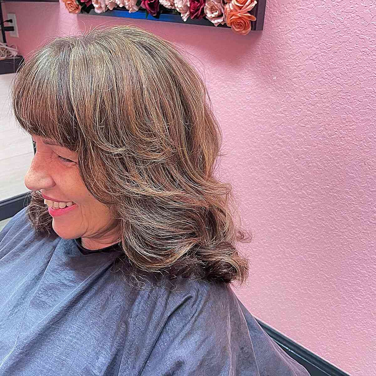 Medium Layers and Caramel Highlights for Older Women Passed 60