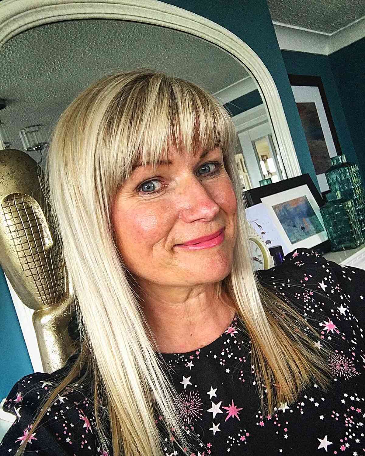 Medium Blonde Straight Hair with Choppy Bangs on 50-year-old Ladies