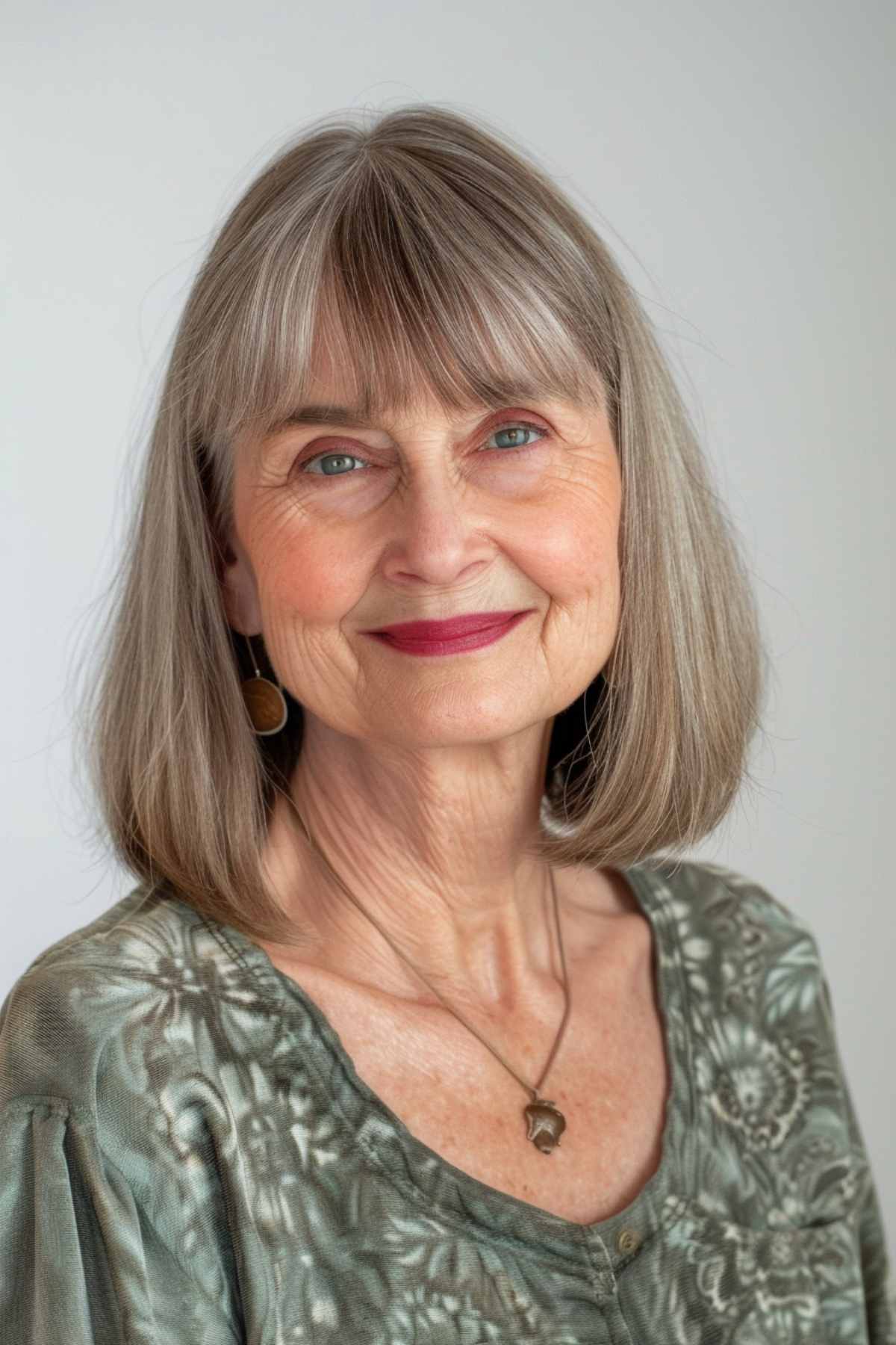 Medium-length bob with bangs on a woman over 70, showcasing natural silver hair