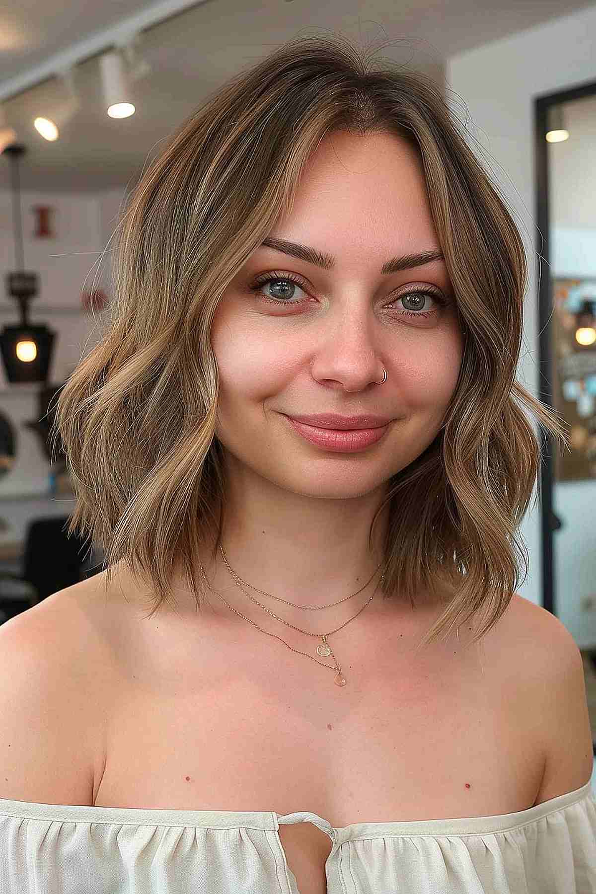 Medium-length bob with a middle part and soft waves, ideal for round face shapes and medium to thick hair