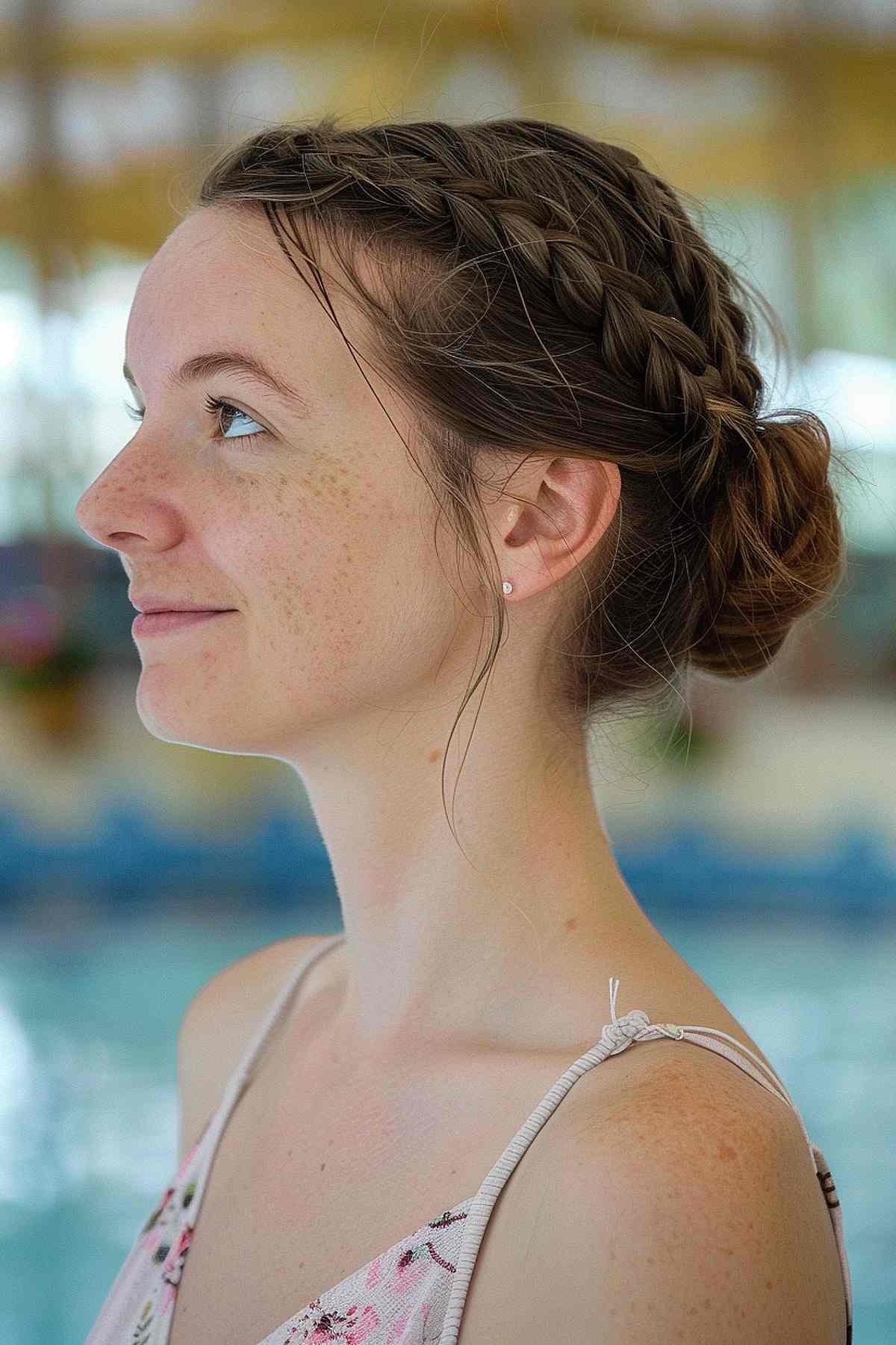 Side view of a woman with a braided updo, perfect for medium-length hair and an elegant look at the waterpark