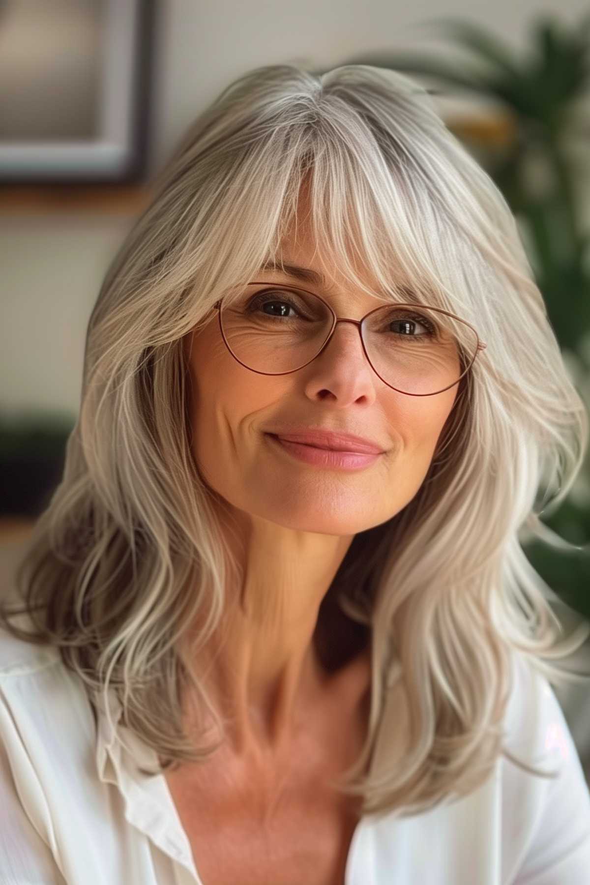 Smiling mature woman with medium-length hair and light, wispy bangs, wearing glasses and a white blouse.